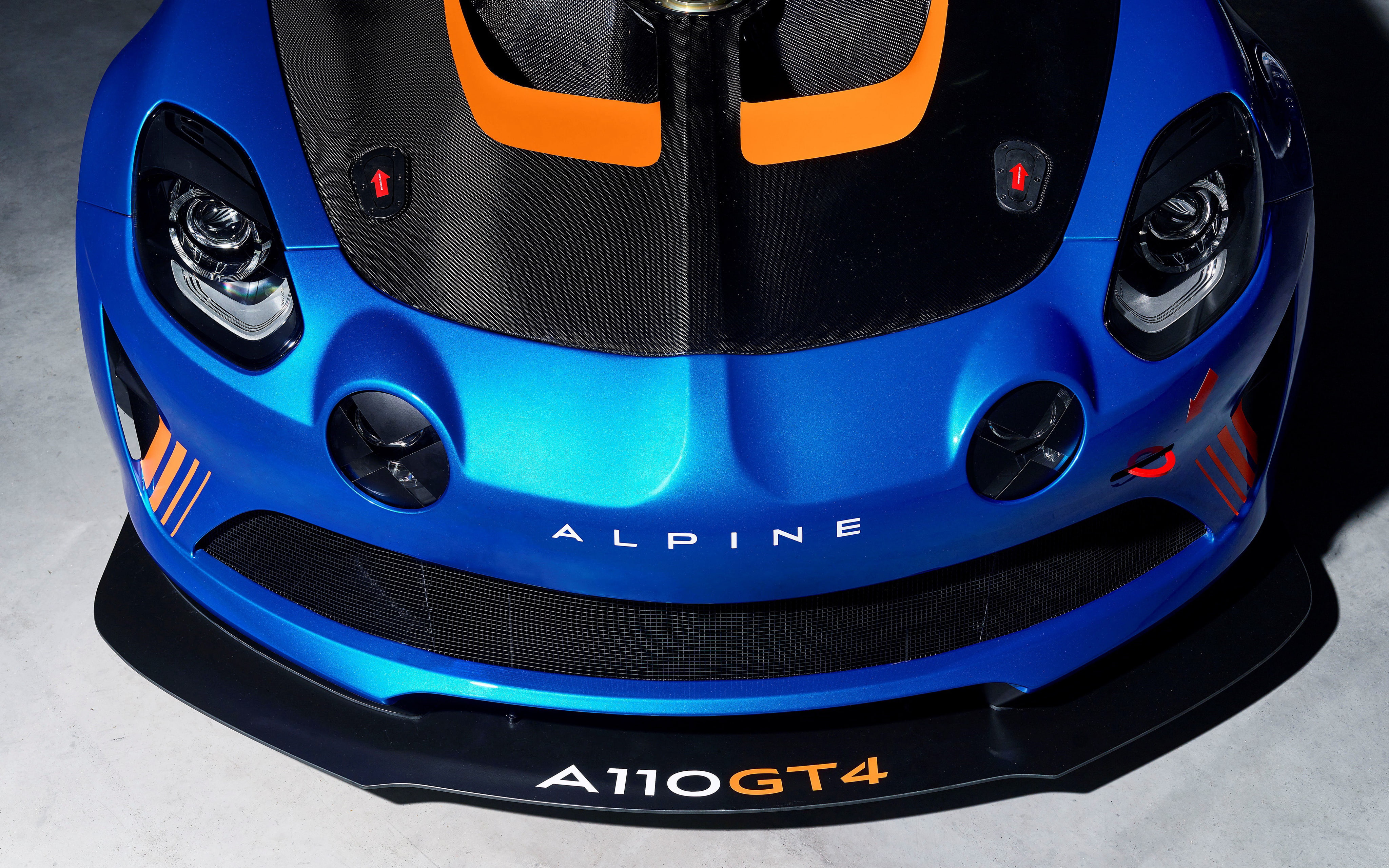 Alpine A110 GT4 Geneva Motor Show 2018 4K, blue, text, close-up