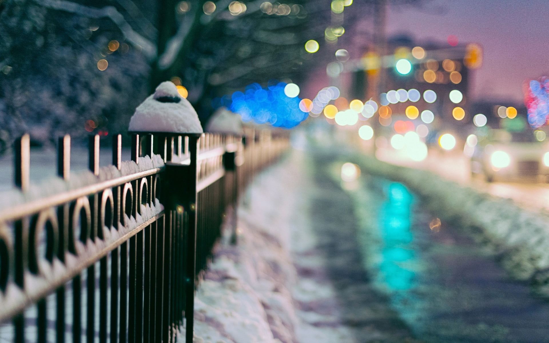 black metal rails, winter, macro, snow, trees, the city, lights