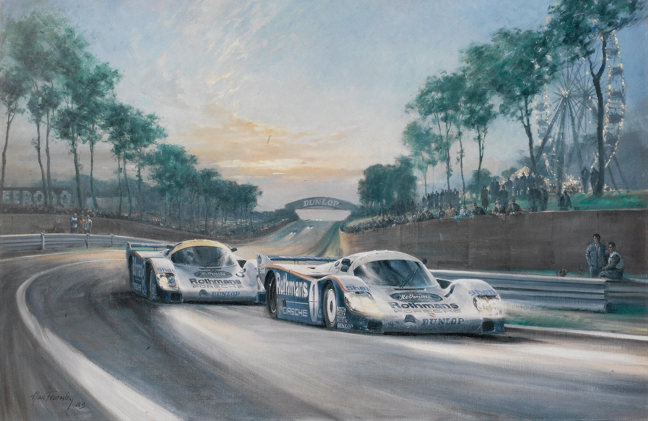 artwork, oil painting, Le Mans, sunset, Porsche 956, Jacky Ickx