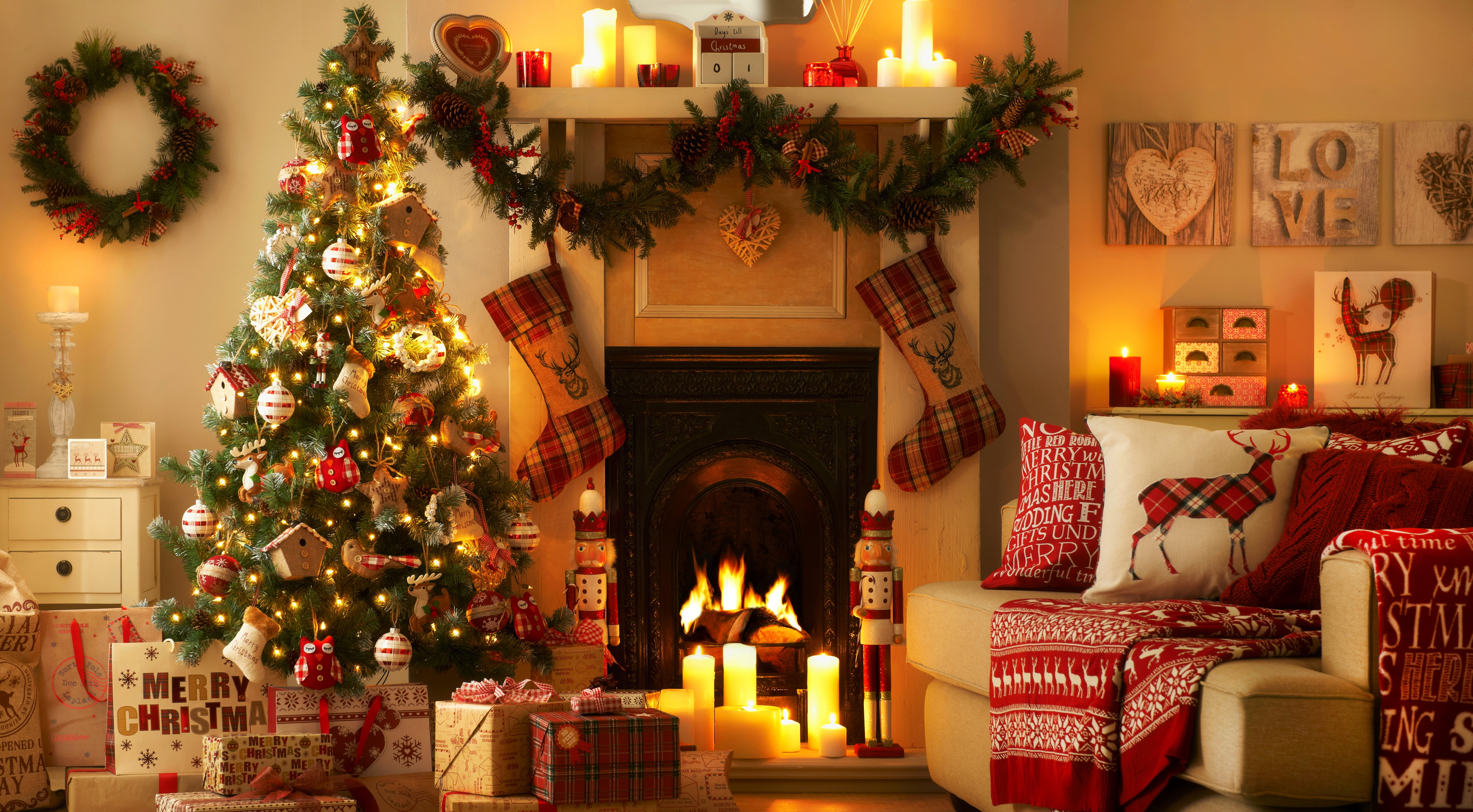 Christmas tree and fireplace heater, love, lights, heart, interior