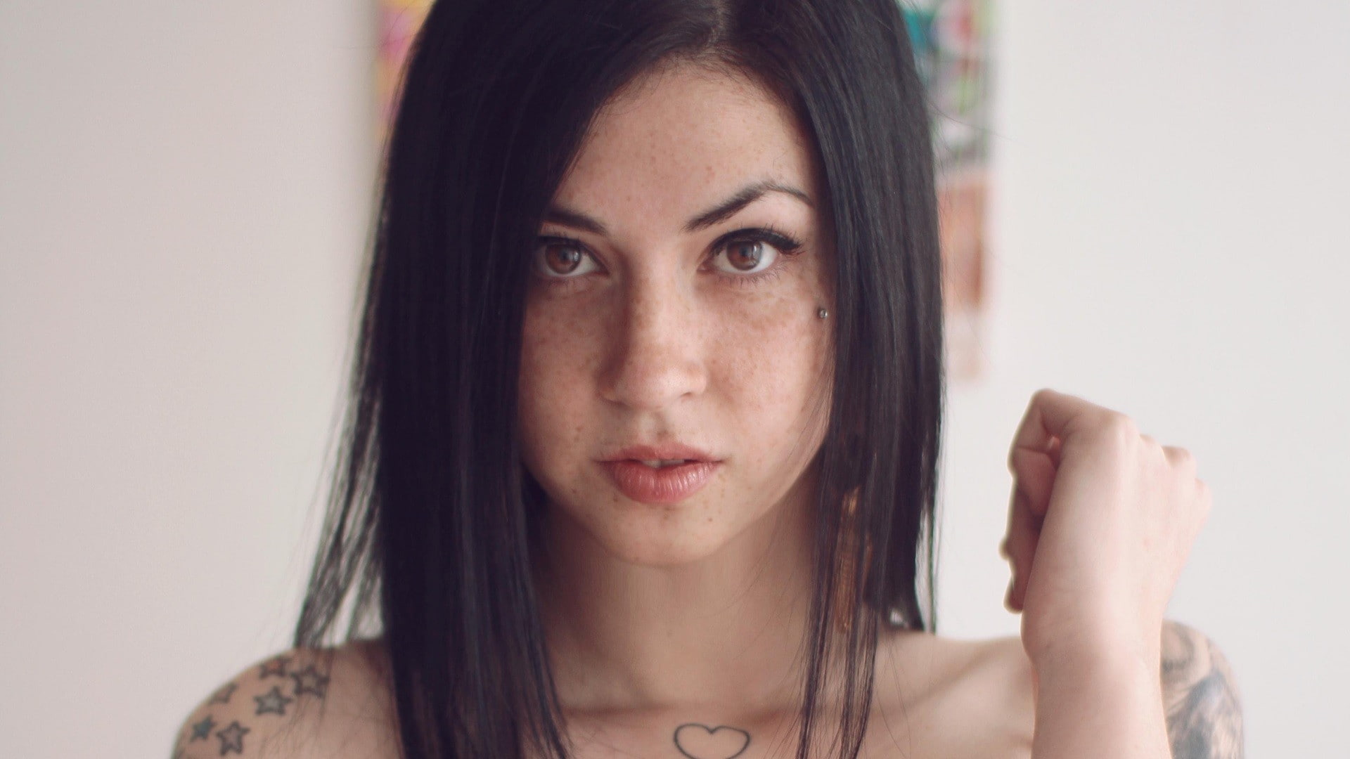 model, freckles, women, face, tattoo, portrait, black hair