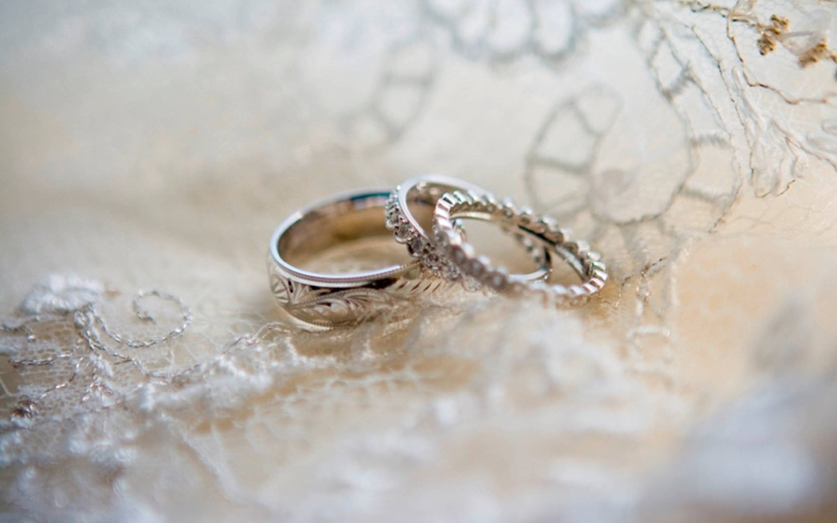 three silver-colored rings, wedding, love, patterns, jewelry