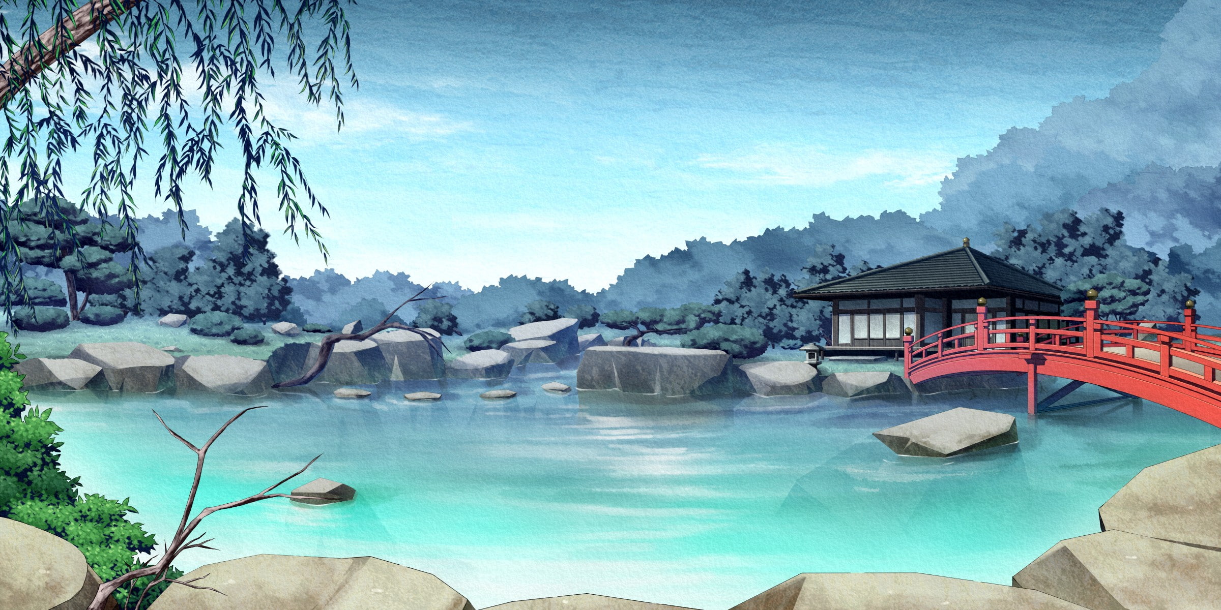 anime, landscape, nature, peace, peaceful, water, rock, beauty in nature