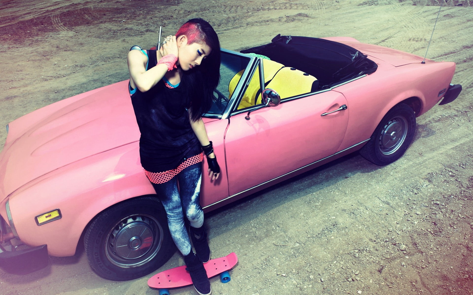 pink convertible coupe, girl, style, swag, car, women, land Vehicle