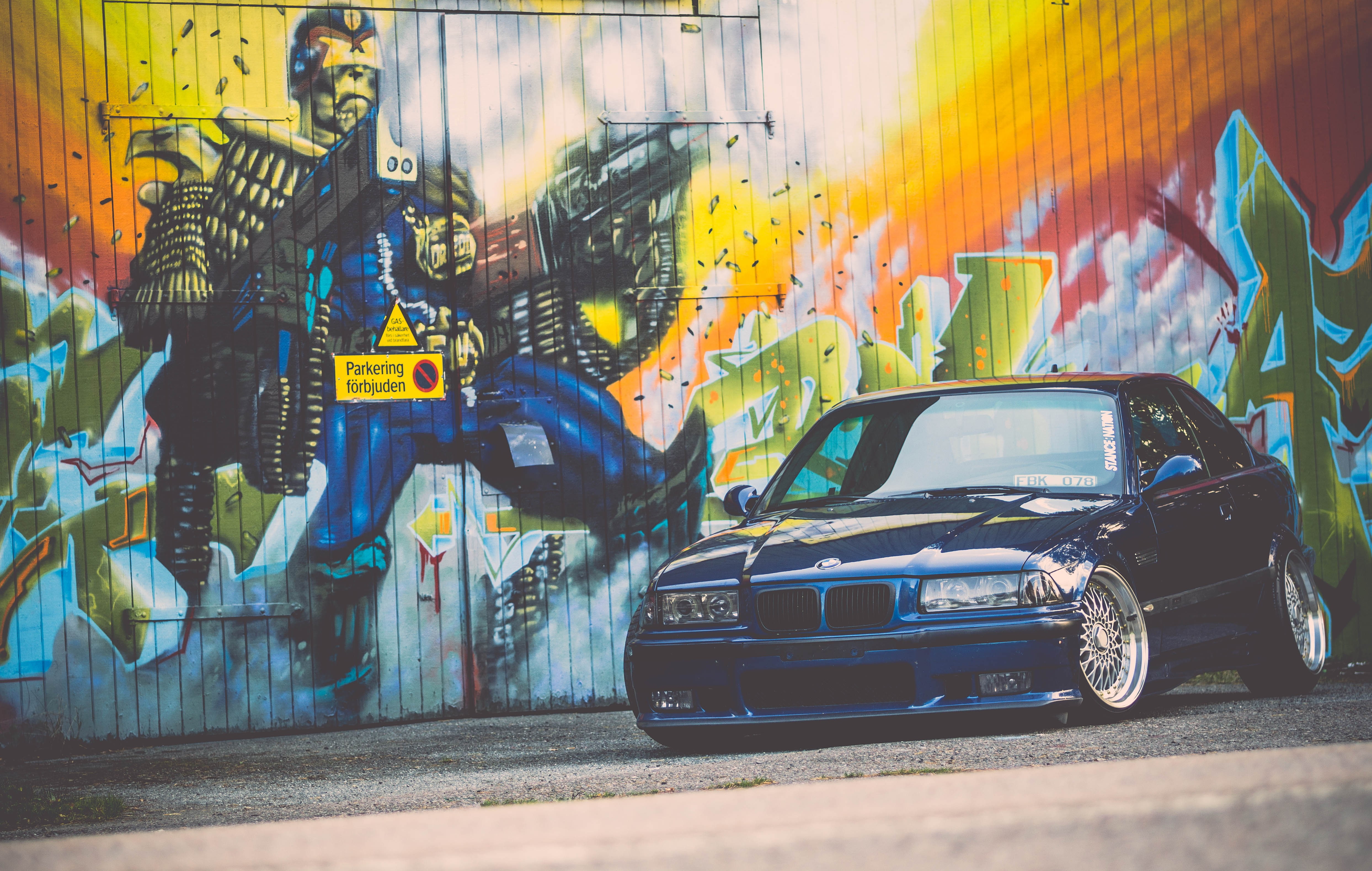 BMW E36 Tuning, M3, stance, blue, graffiti
