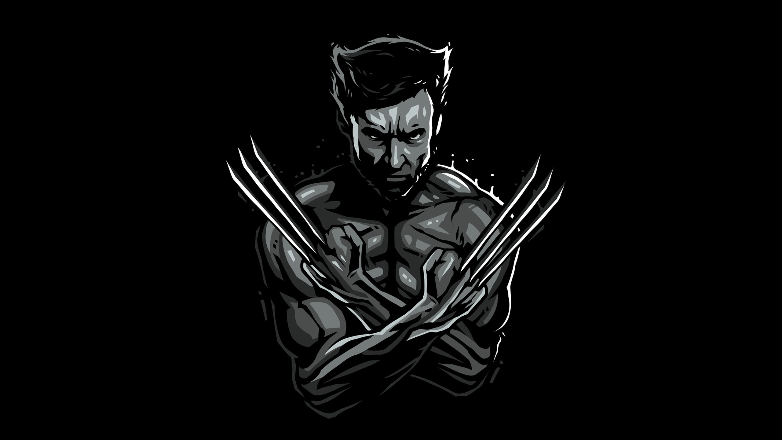 art, black and white, Wolverine, black background, Hugh Jackman