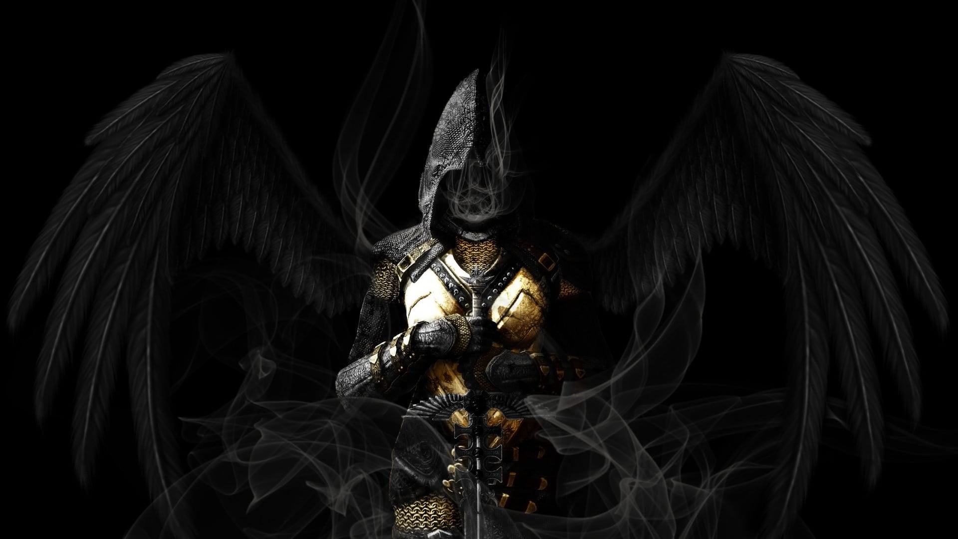 woman holding sword with black wings wallpaper, angel, armor