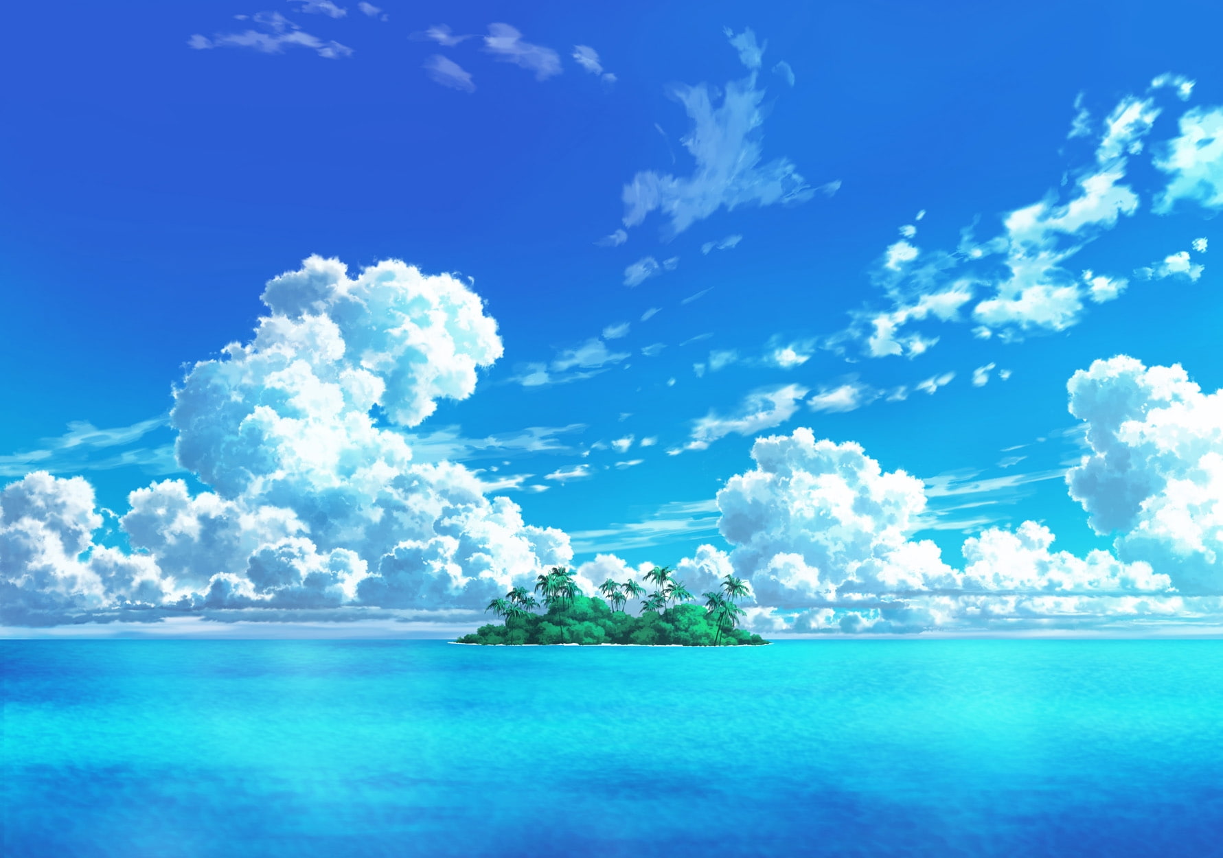 anime island, ocean, clouds, sky, cloud - sky, blue, beauty in nature