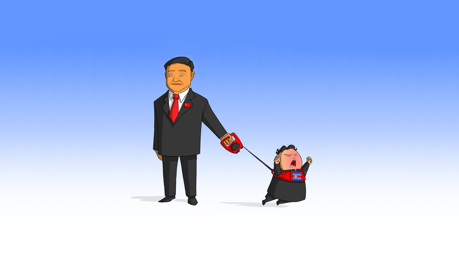 man holding boy with leash cartoon illustration, China, North Korea