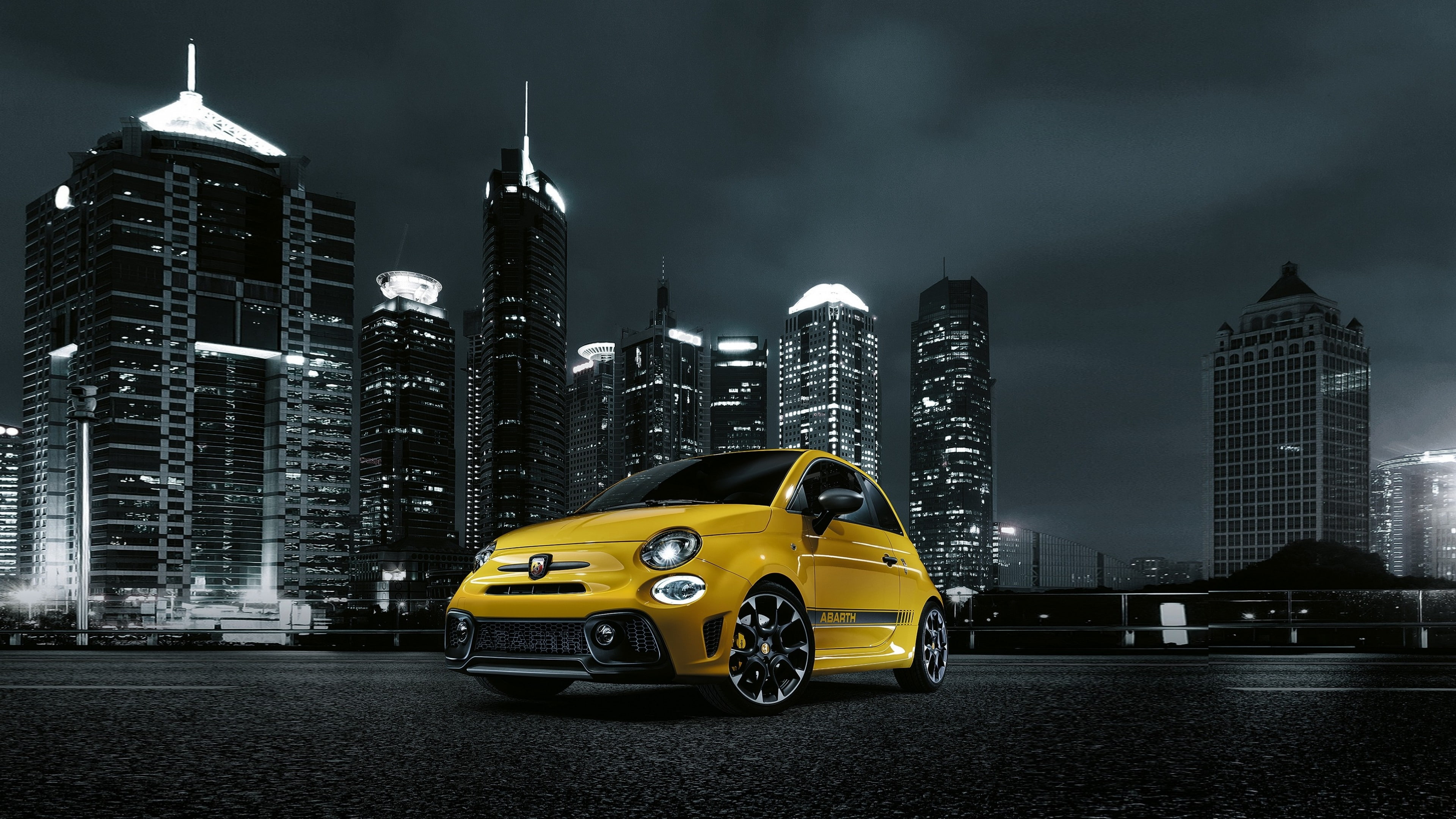 yellow FIAT 500 3-door hatchback near high-rise building, Fiat Abarth 595 Facelift