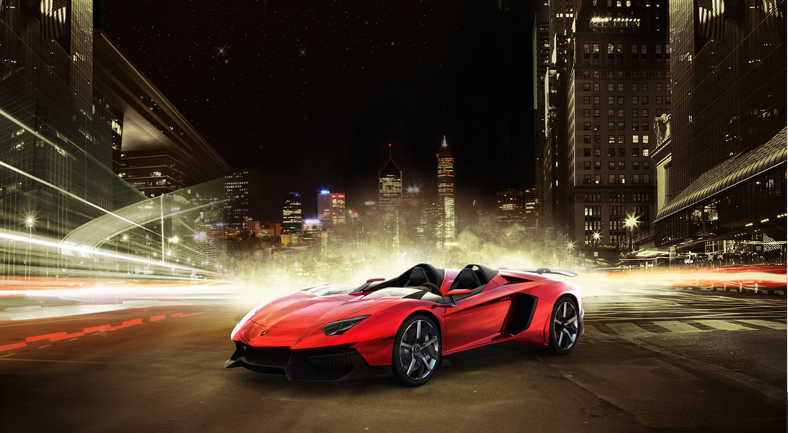 red coupe, night, the city, Lamborghini, supercar, Aventador J