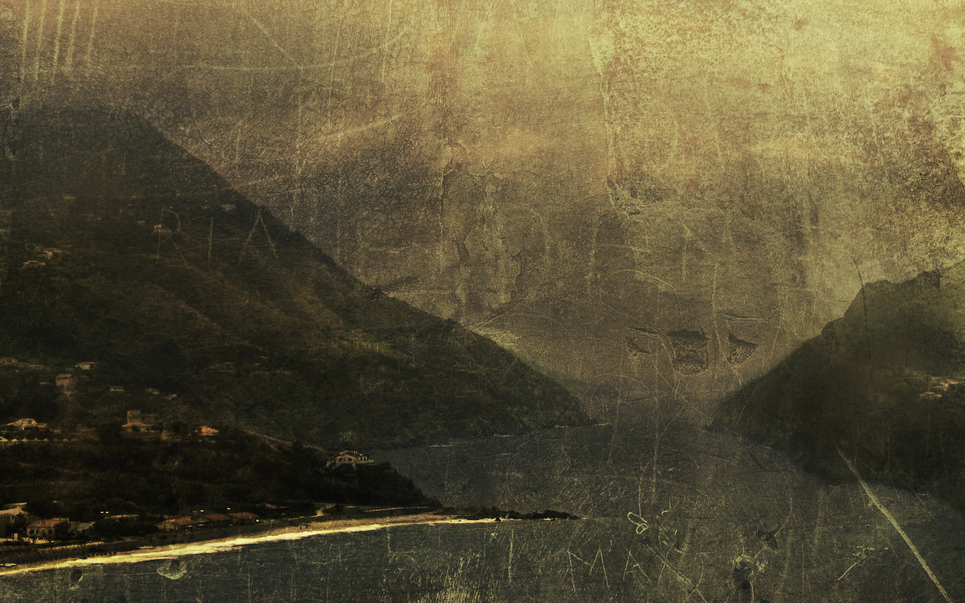 Landscape HD, sephia photo of body of water between islands, digital/artwork