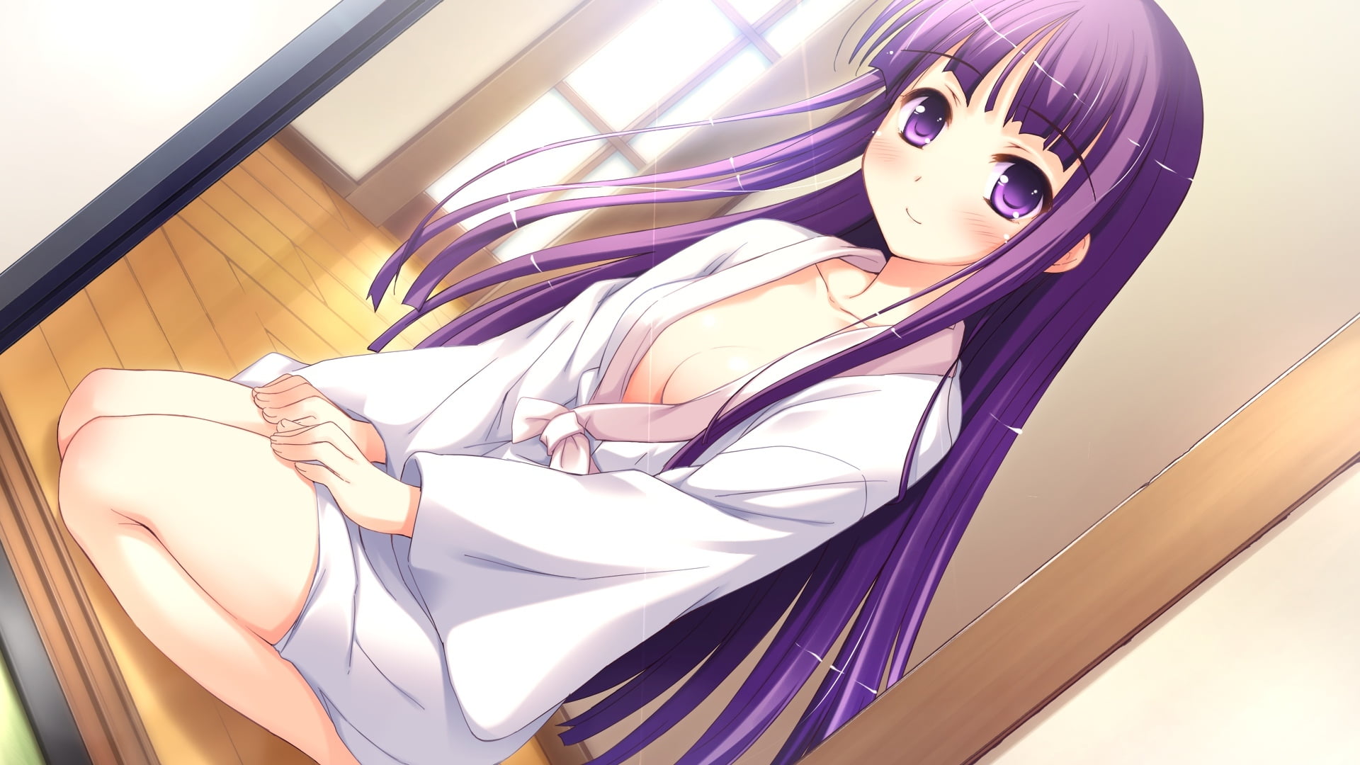 purple hair girl anime character illustration, look, smile, sitting