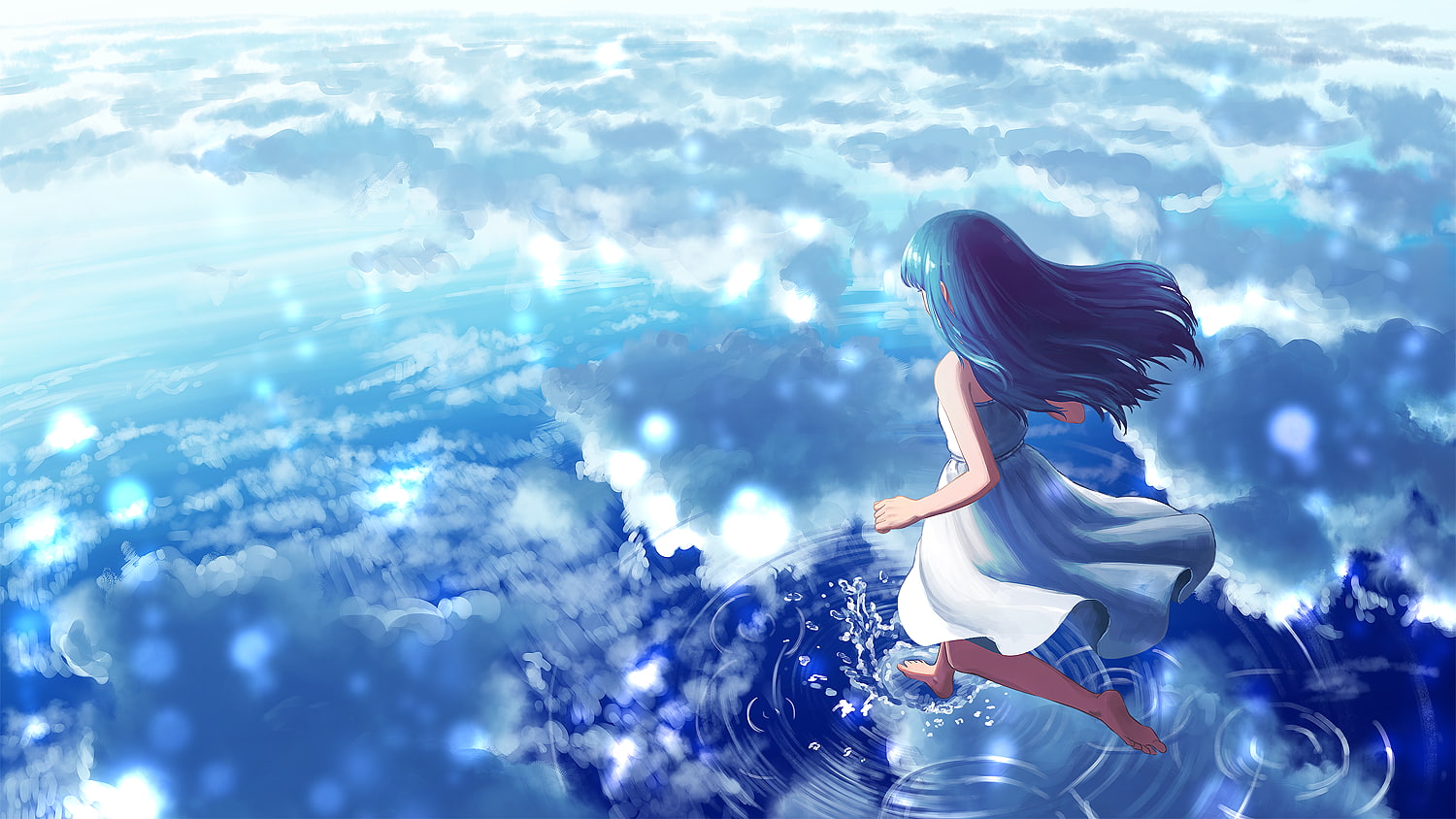 anime girl, clouds, water, walking on water, one person, nature