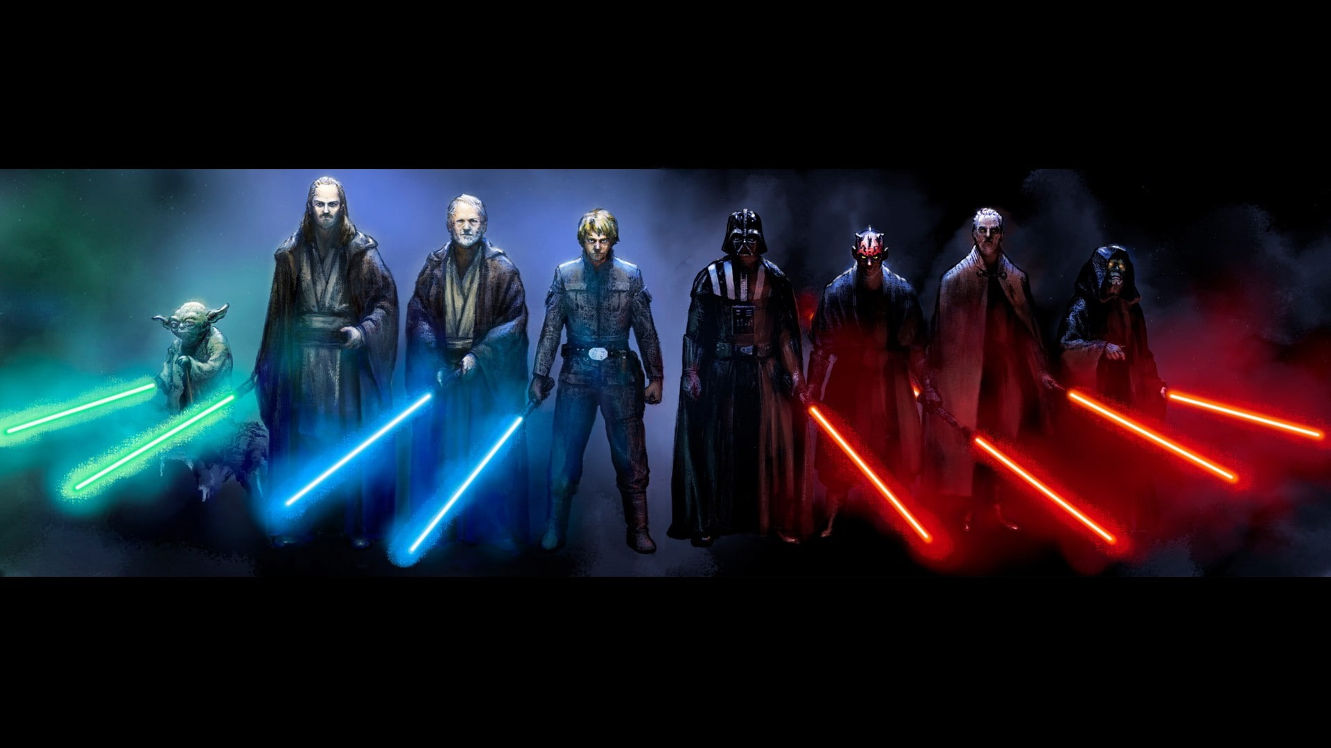 Darth Maul, darth vader, Luke Skywalker, Obi Wan Kenobi, Star Wars
