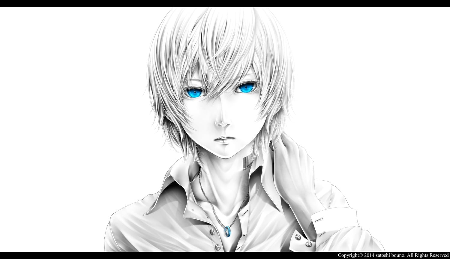 male anime sketch, anime boys, selective coloring, necklace, white background