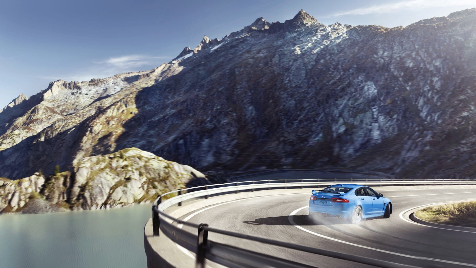 blue sedan, Jaguar XFR-S, drift, mountains, car, landscape, vehicle