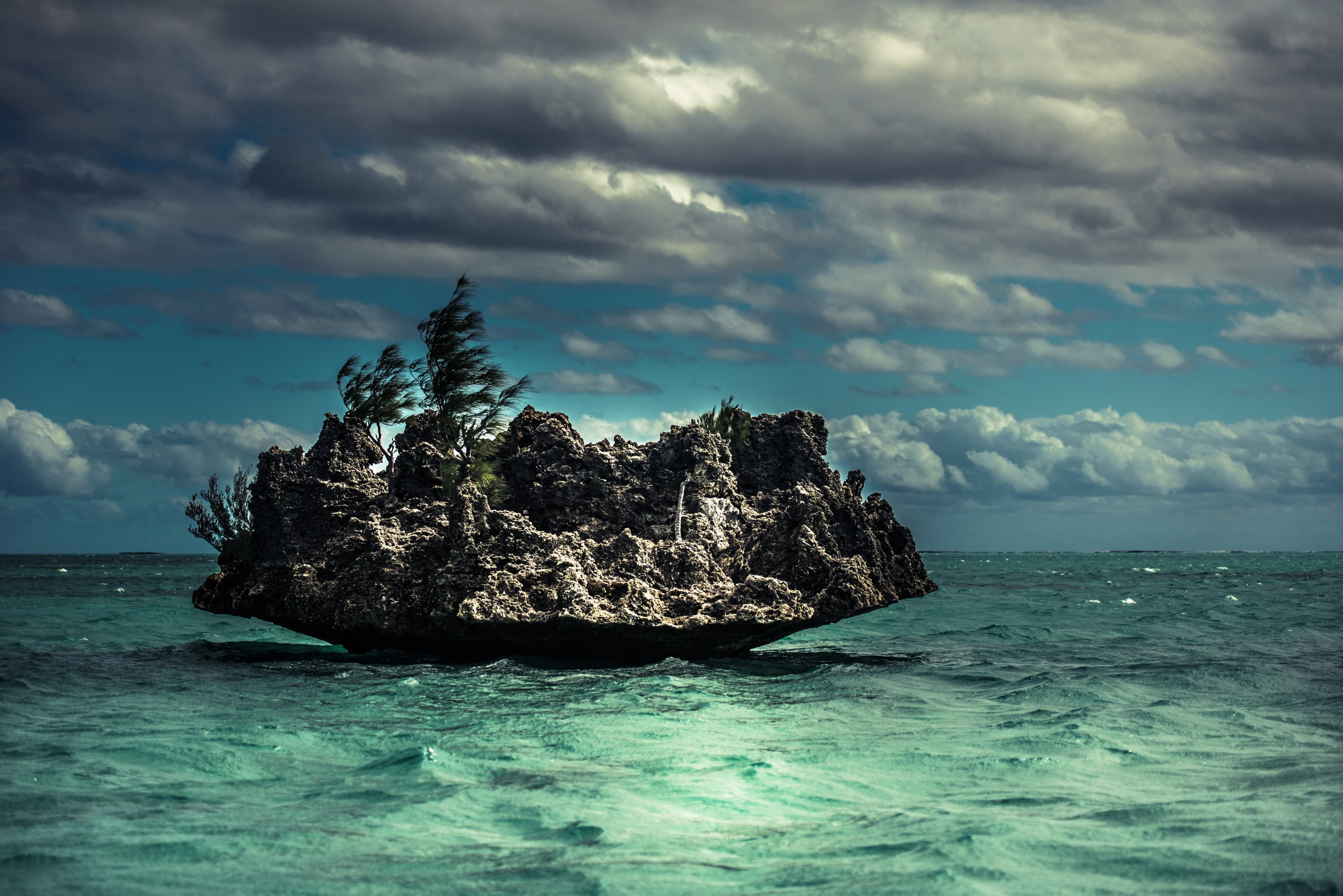 islet surrounded by body of water, nature, landscape, clouds
