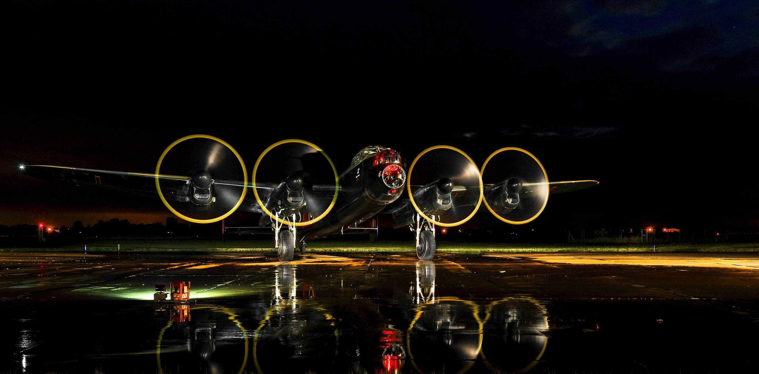Avro Lancaster, planes, Bomber, reflection, runway, night, illuminated