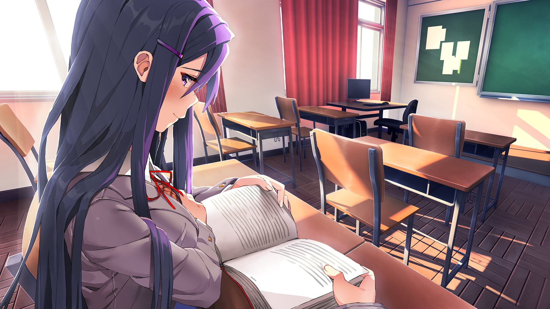 Yuri (Doki Doki Literature Club), anime girls, school, long hair