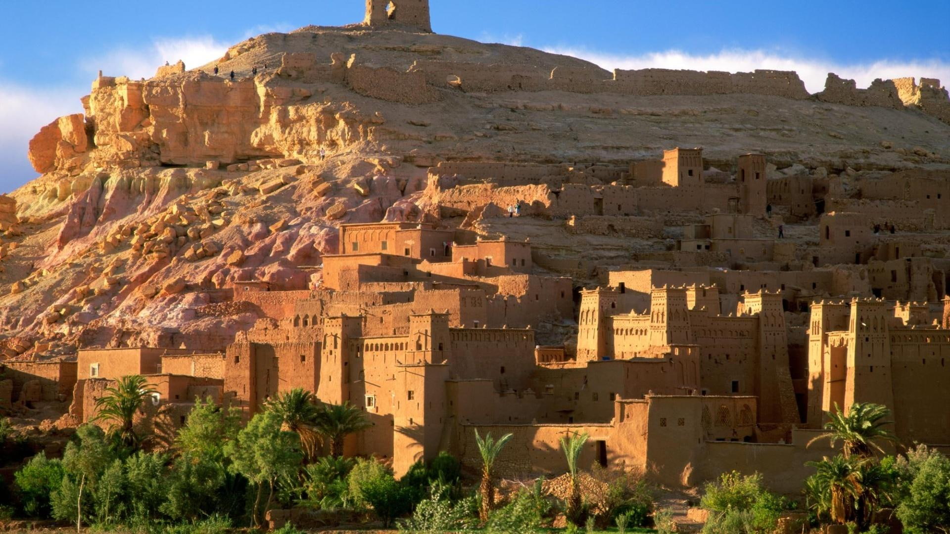 Kasbah Ruins Morocco, trees, cliff, houses, desert, ancient, nature and landscapes