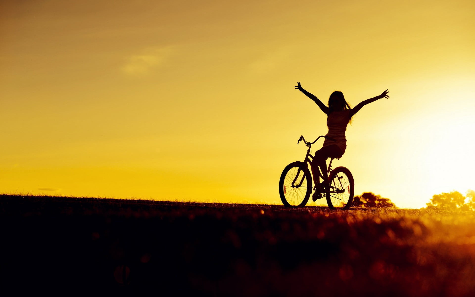 women outdoors, sunlight, emotion, bicycle, sunset, sky, silhouette