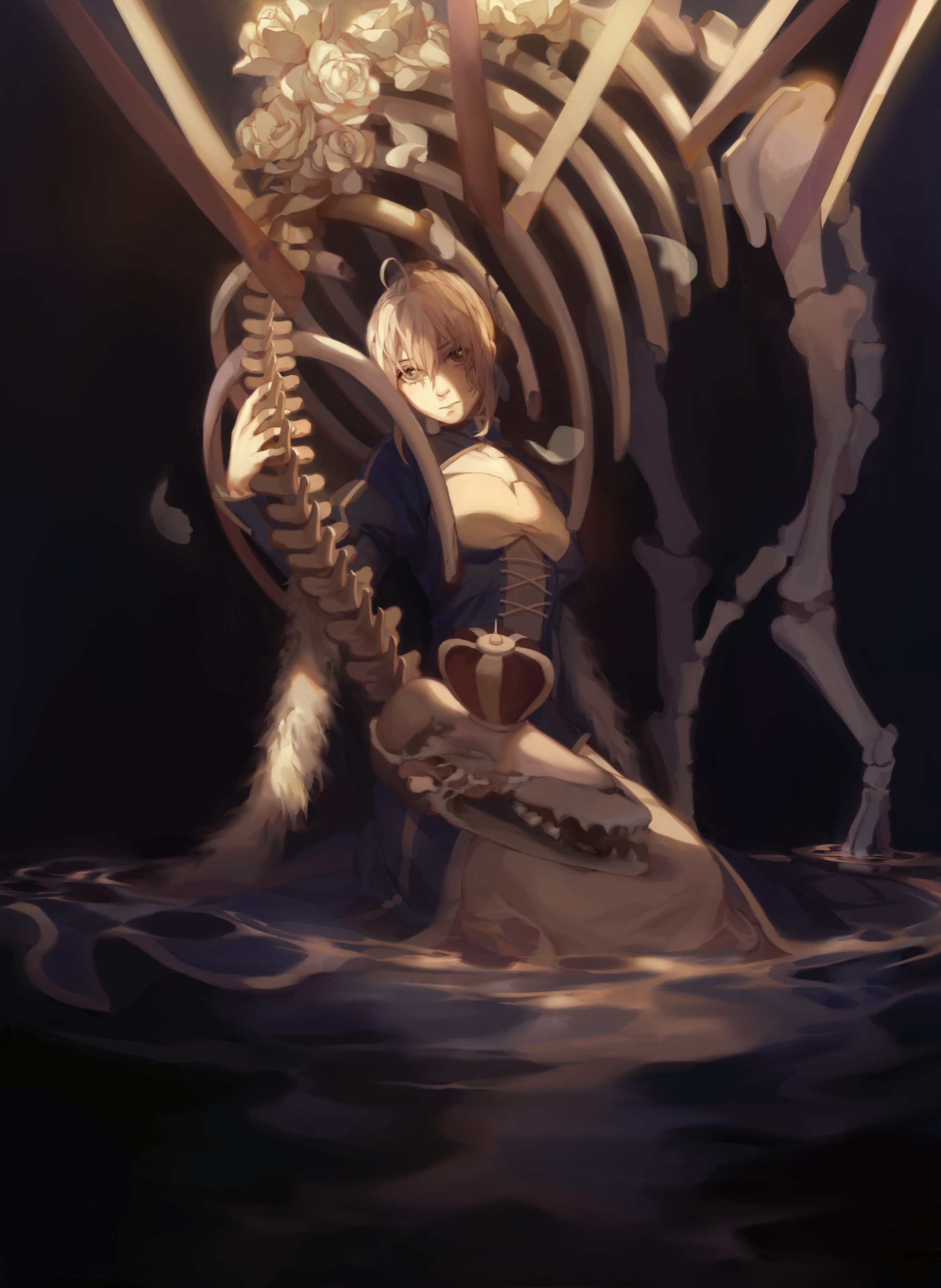 fate grand order, saber, sitting, skeleton, fate series, blonde