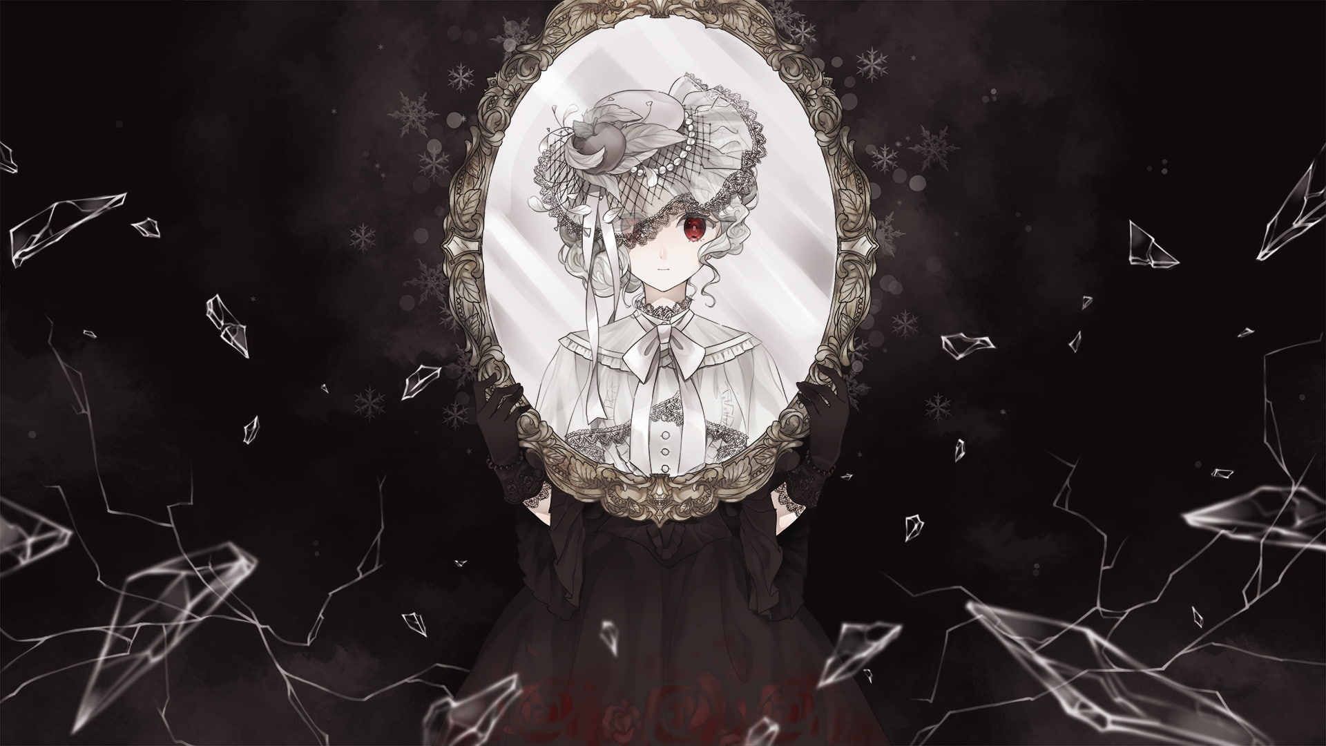anime girl, lolita, polychromatic, gothic, indoors, no people