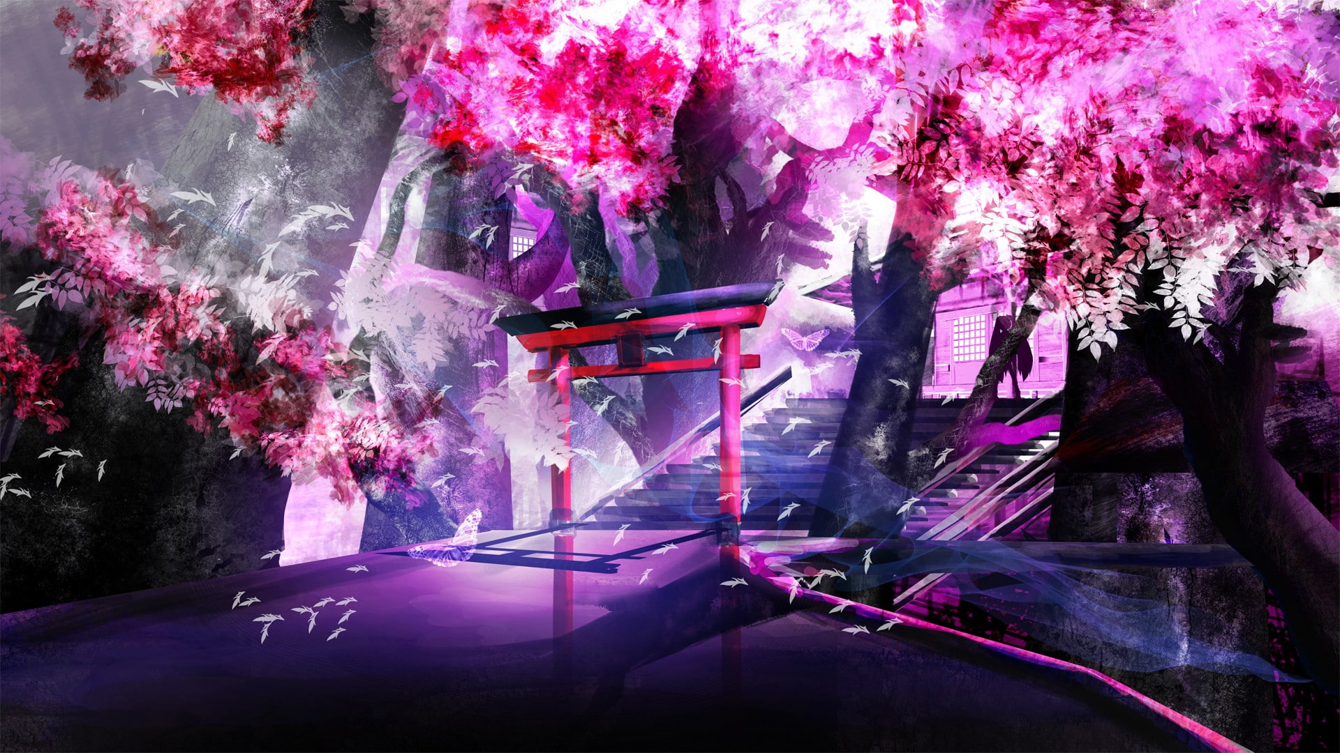 purple, anime, cherry trees, shrine, landscape
