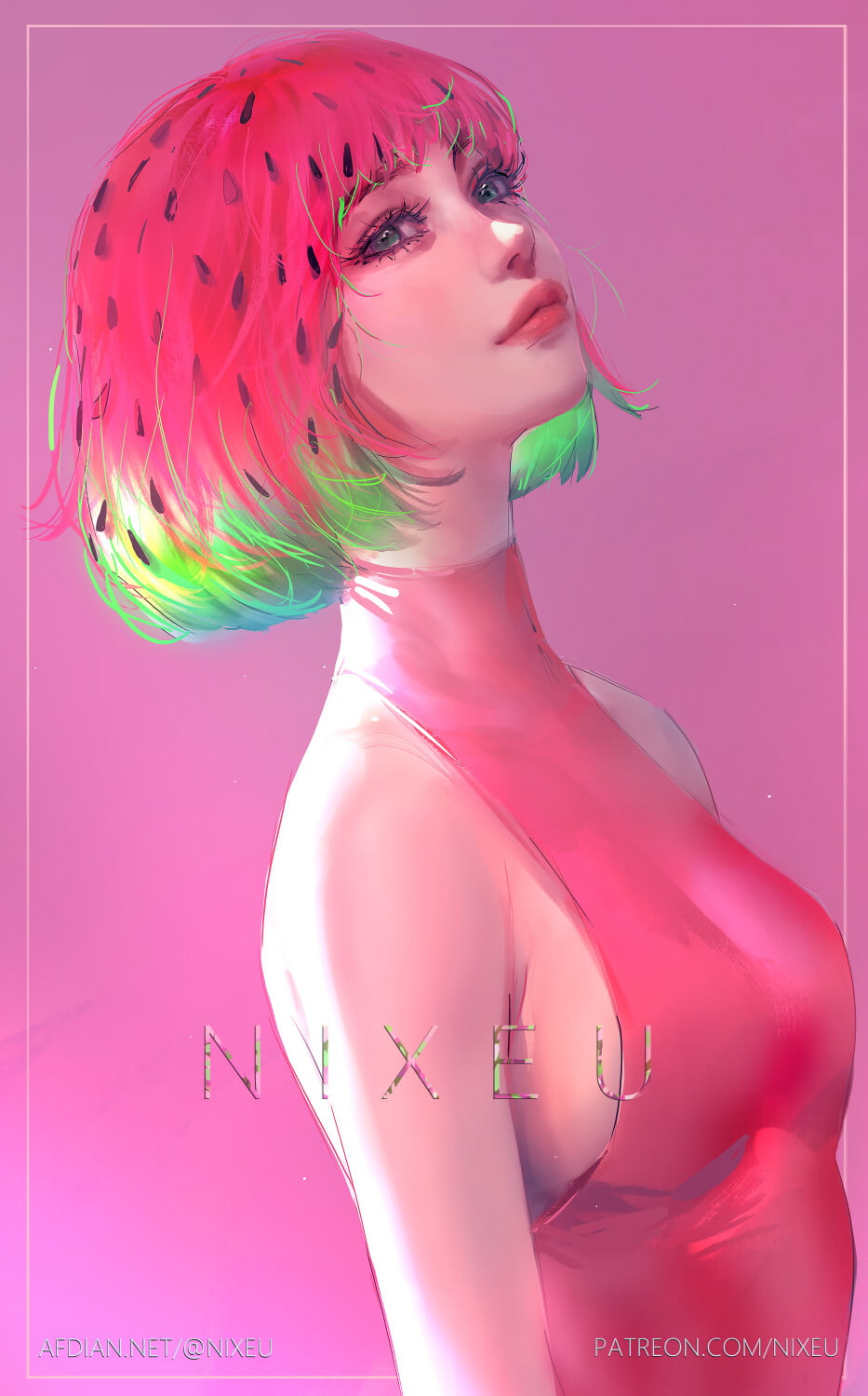 Nixeu, drawing, women, dyed hair, colorful, looking up, pink