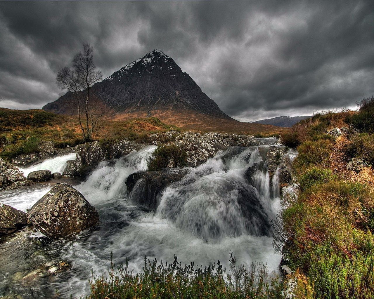 gray mountain, grass, clouds, tree, Waterfall, cloud - sky, scenics - nature
