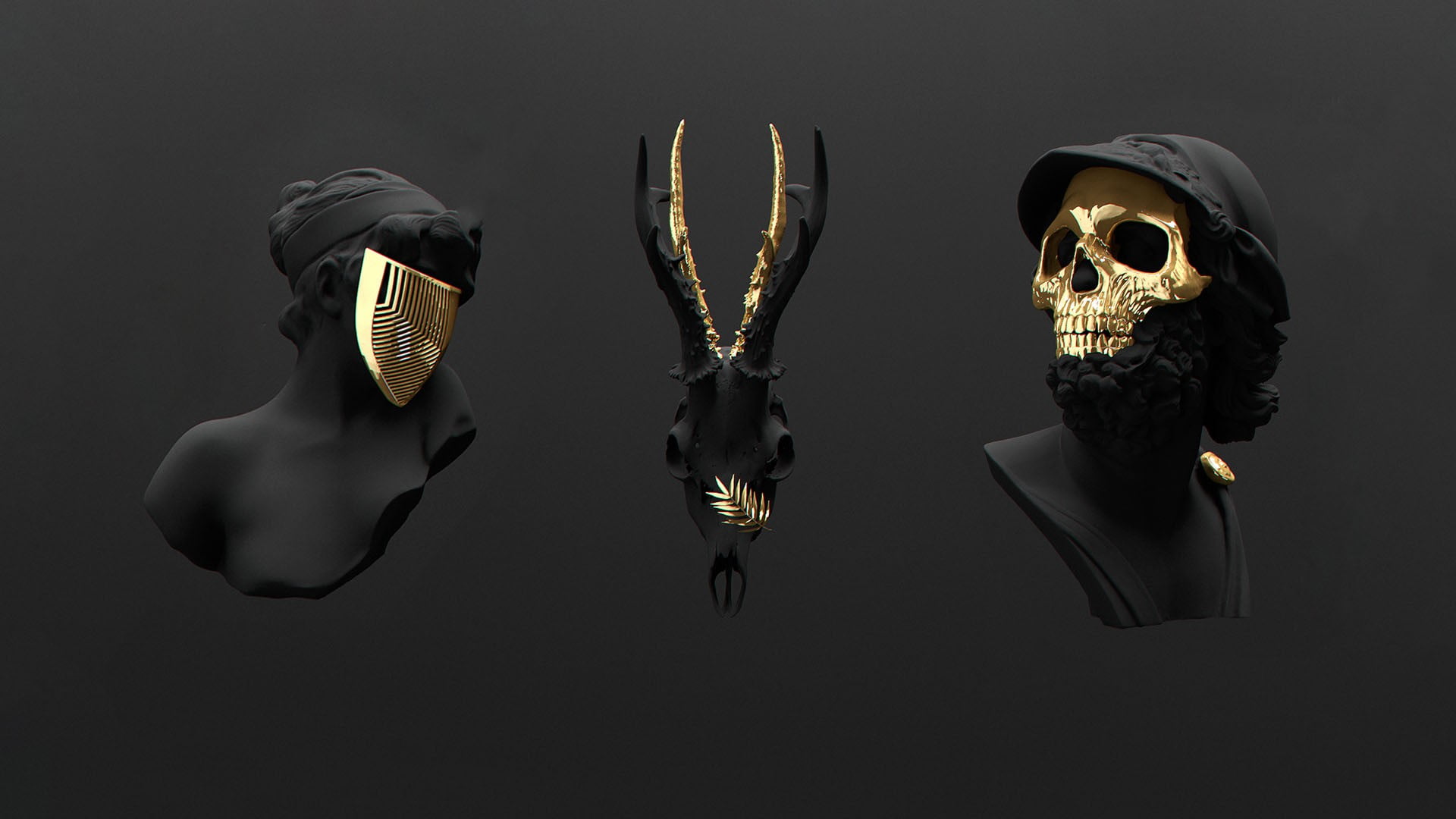 three assorted gold-colored masks, skull, studio shot, indoors