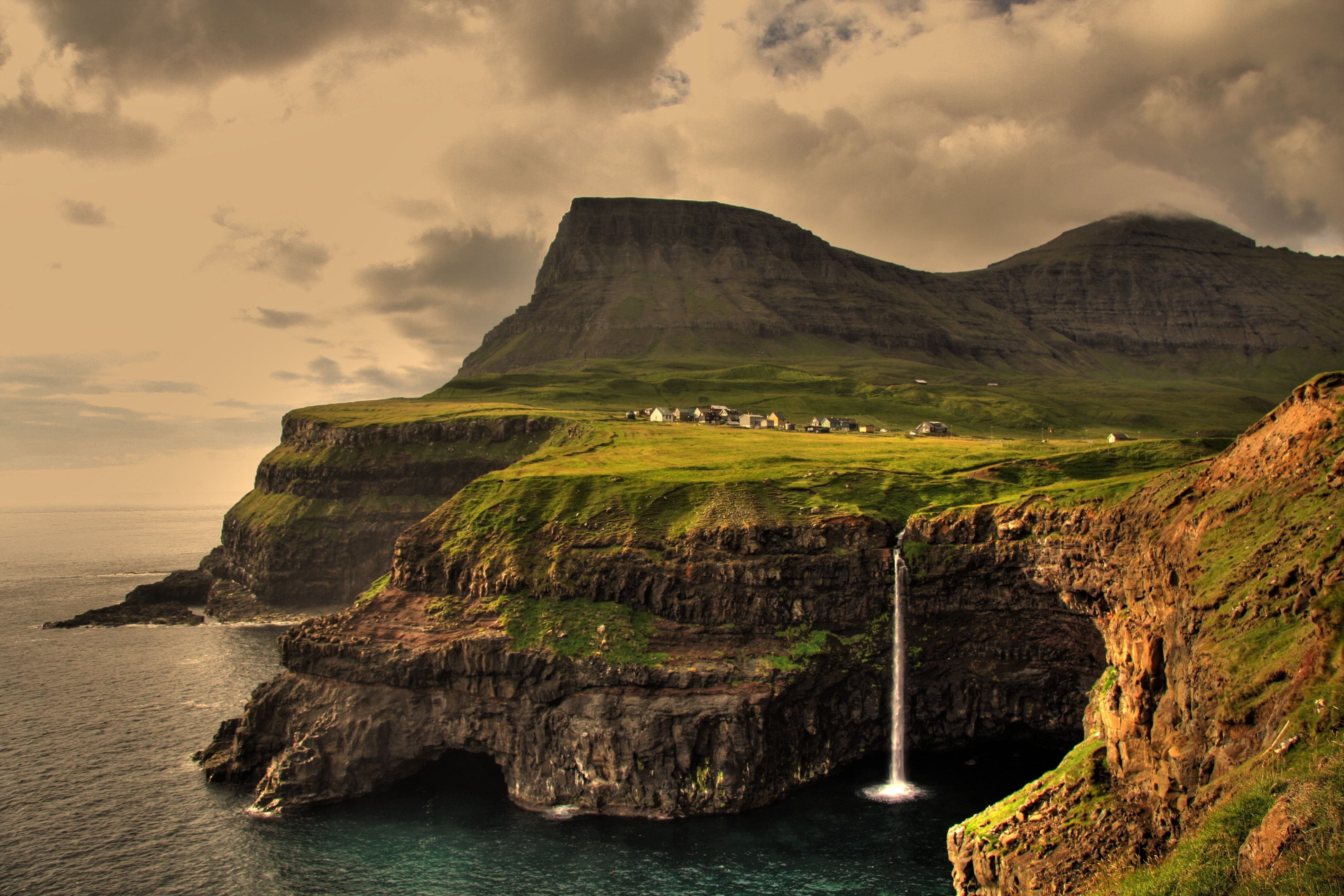 mountains landscapes nature houses islands waterfalls faroe islands vagar 3886x2590  Architecture Houses HD Art