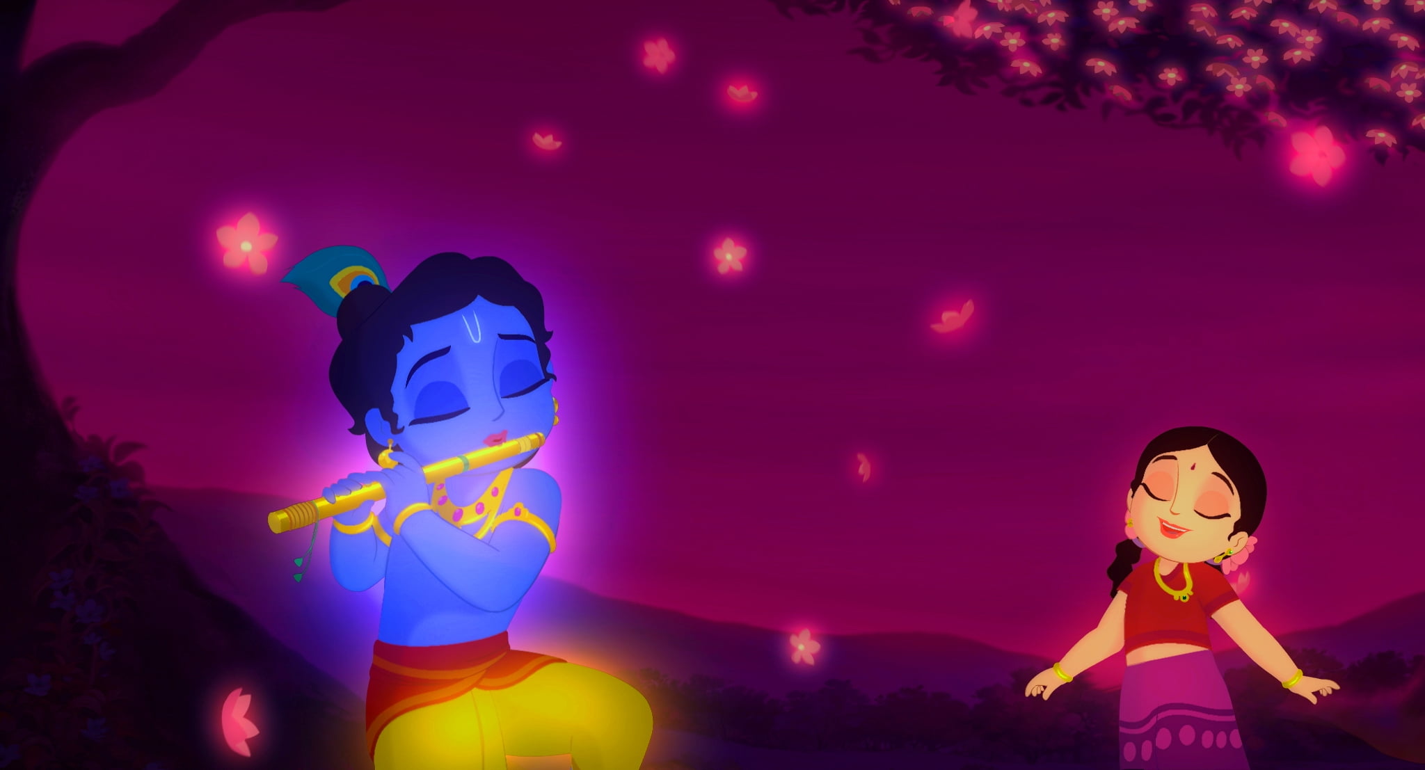 Lord Krishna Playing Flute With Radh, Krishna and Radha illustration