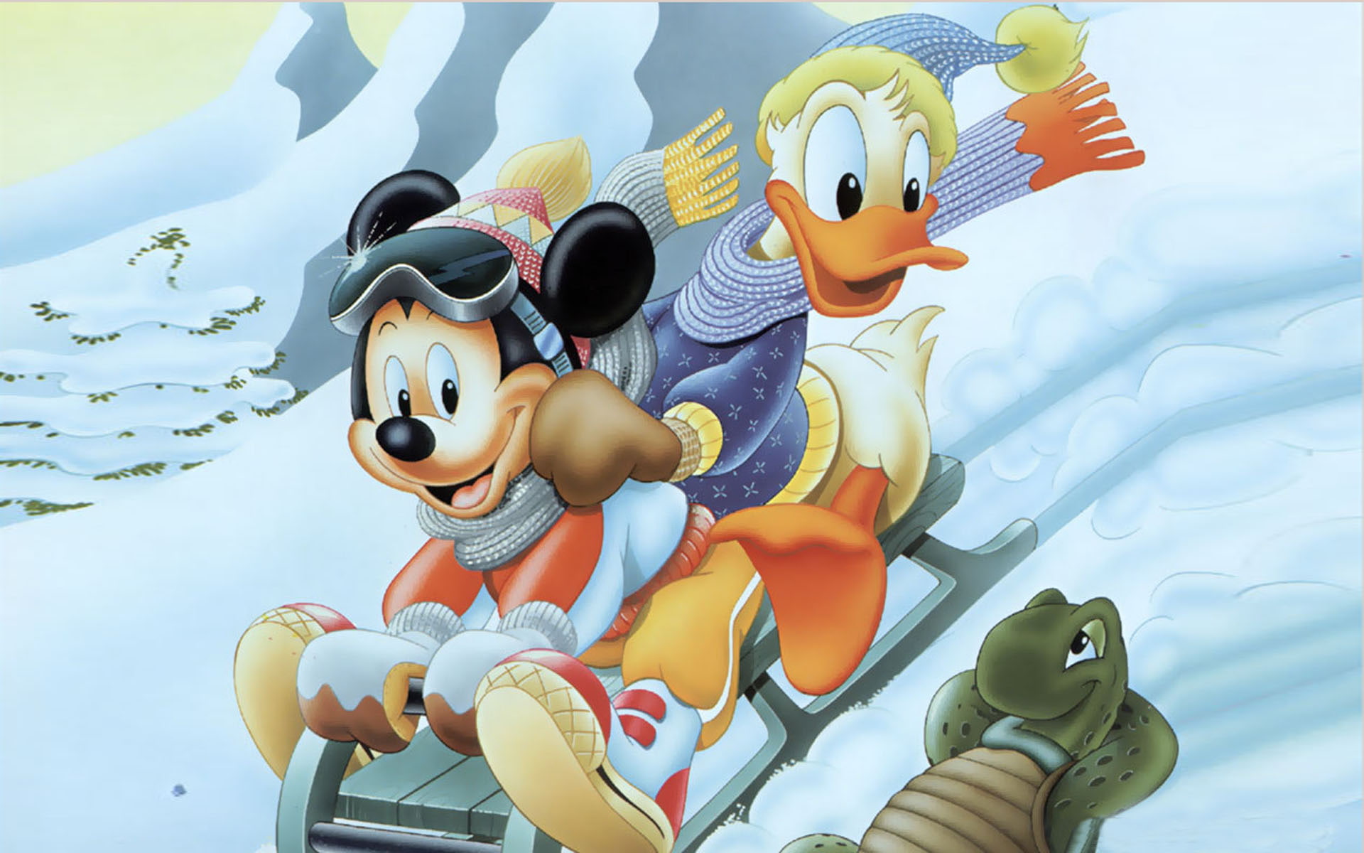 Mickey Mouse And Donald Duck Luge Winter Recreation  Full Hd Wallpapers 1920×1200