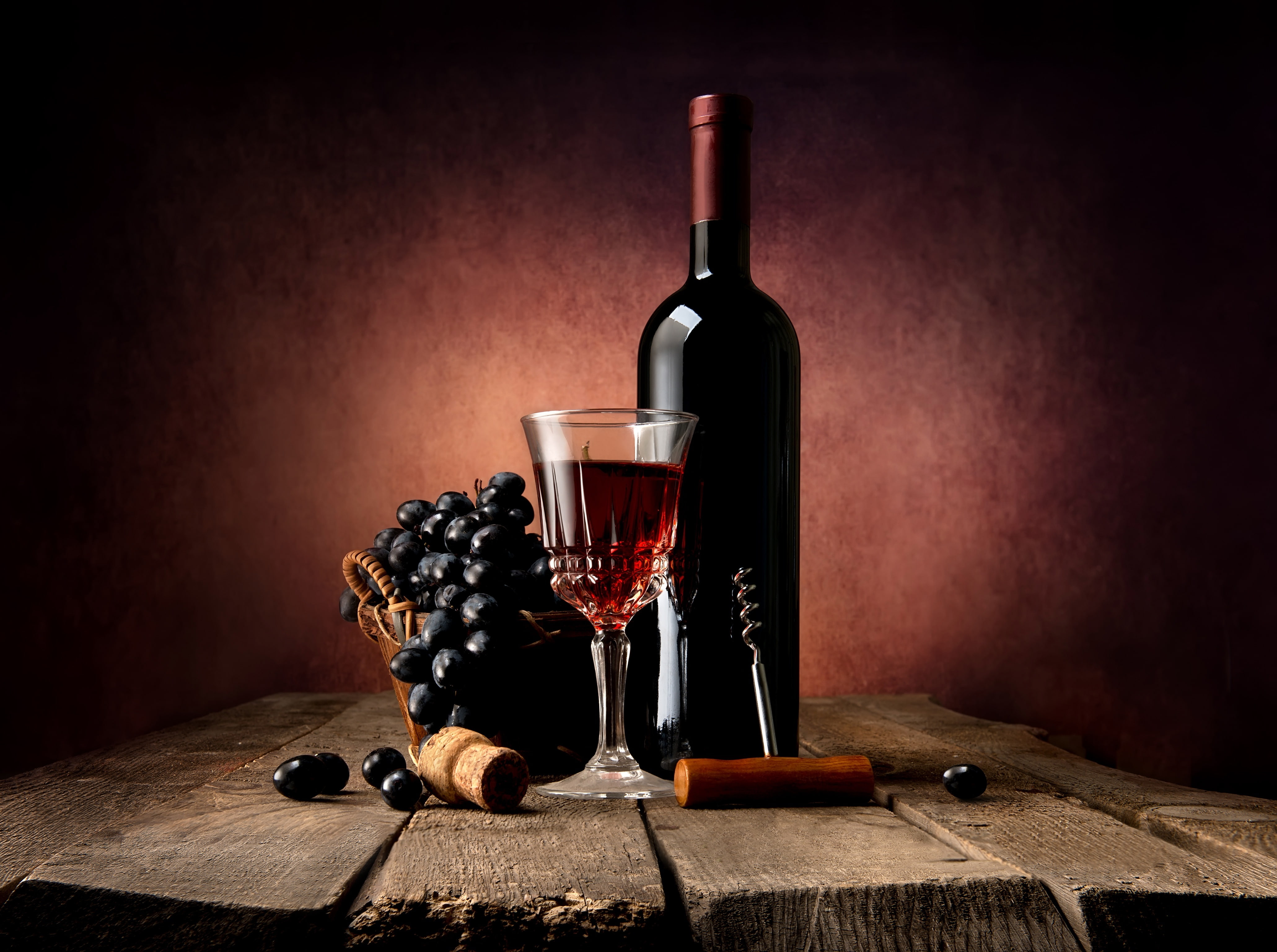 wine, glass, bottle, grapes, corkscrew