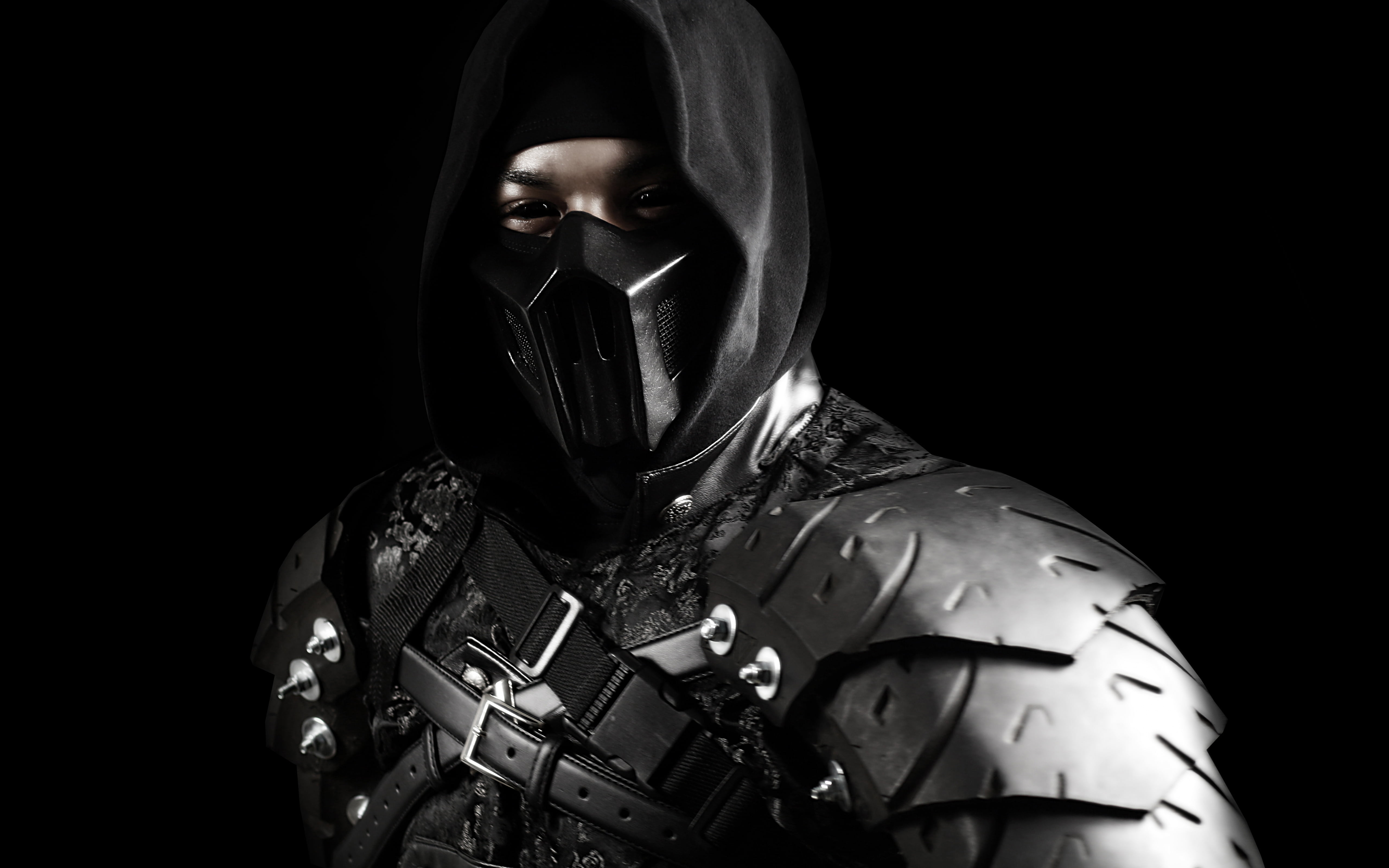 black armor suit, Noob Saibot, Cosplay, Mortal Combat, weapon