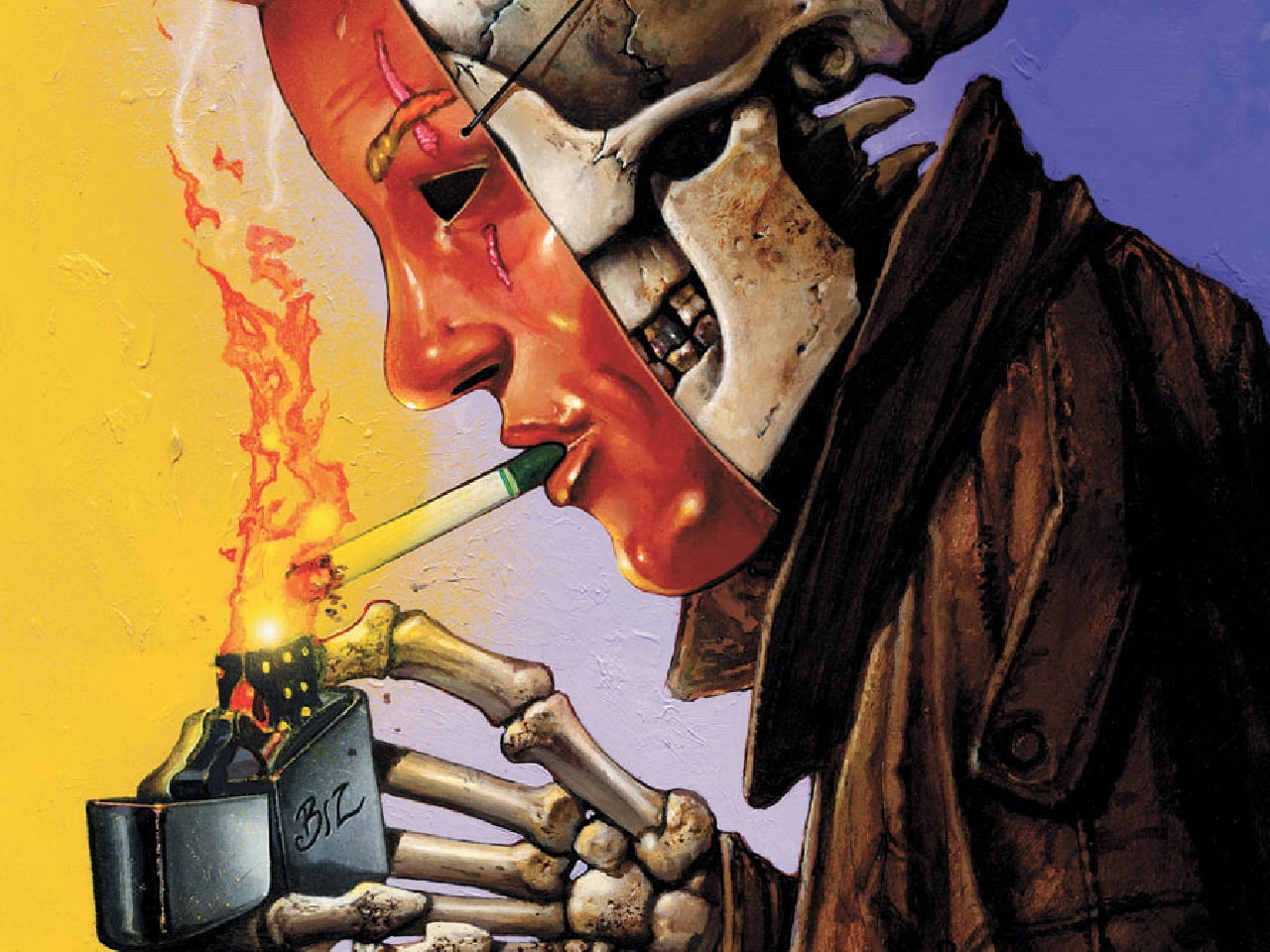 Hellblazer HD, skull with mask taking cigarettes photo, comics