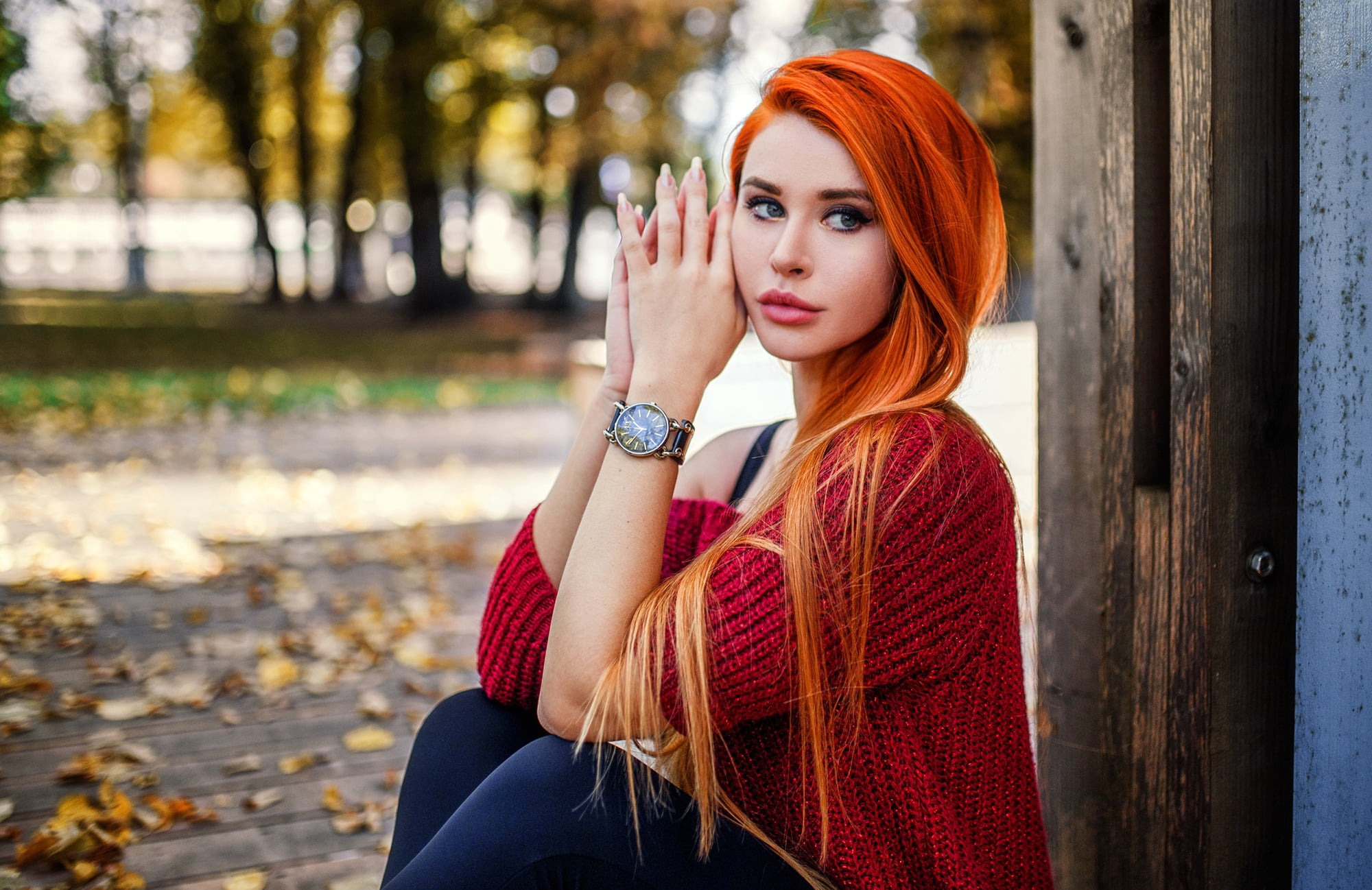 autumn, leaves, trees, red, model, portrait, makeup, hairstyle