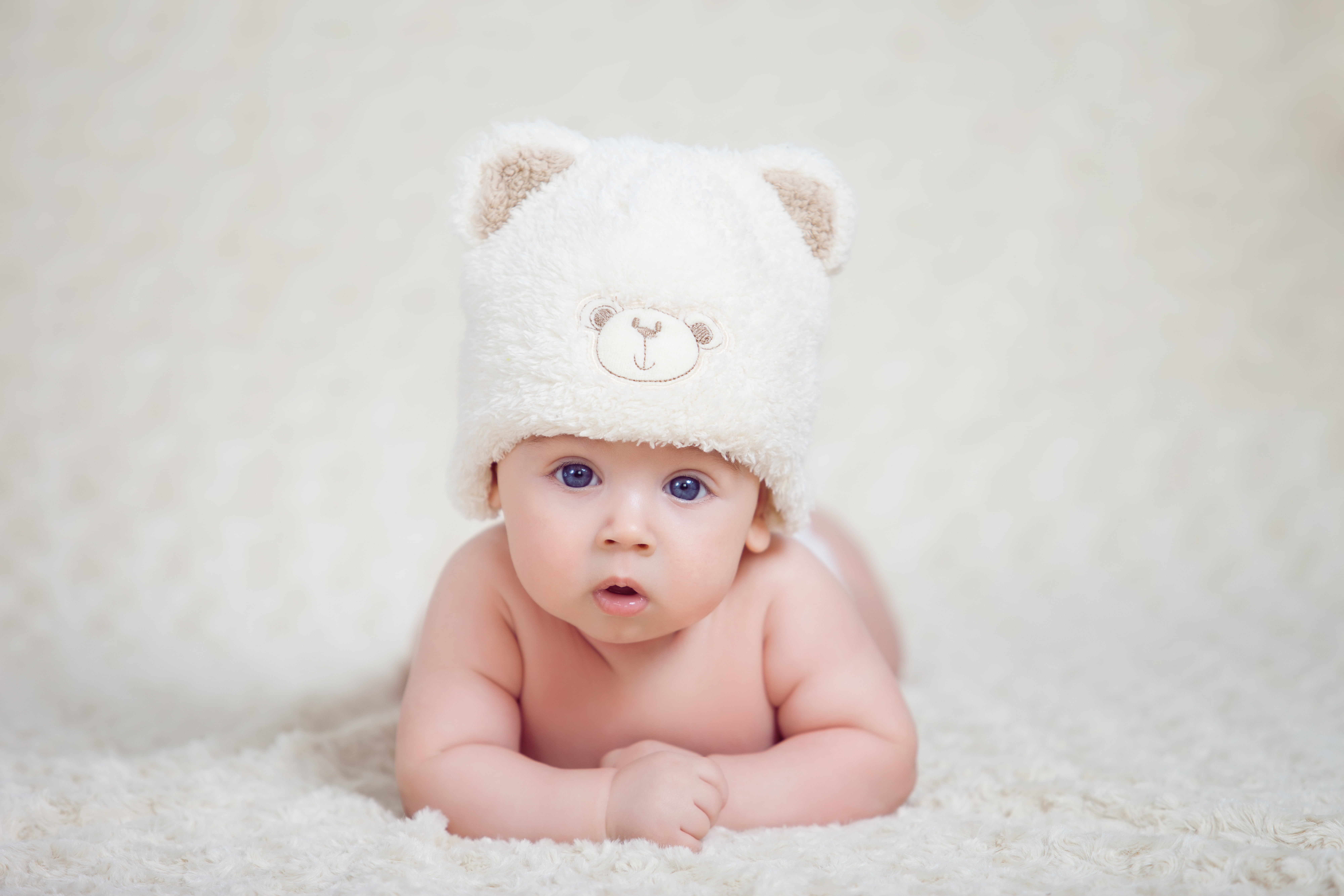 baby's white bear knit cap, child, face, sweet, kid, newborn