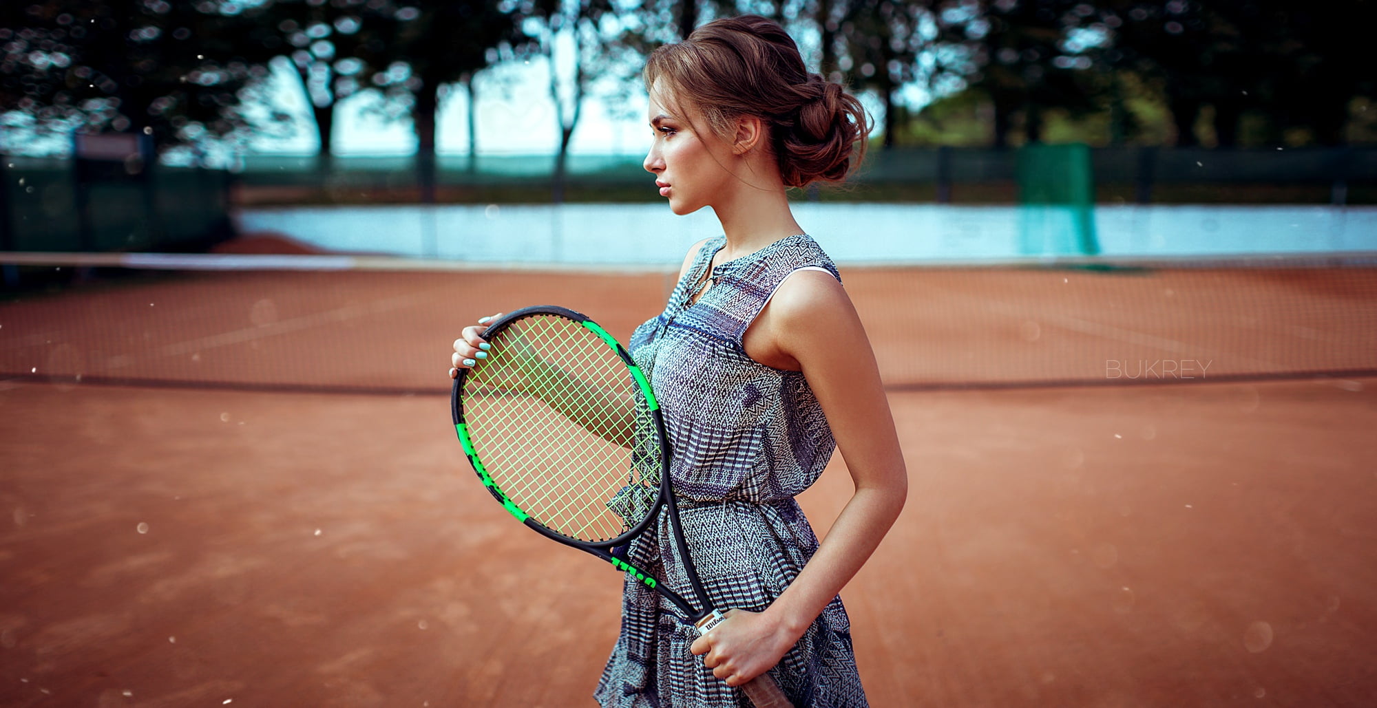 women, model, brunette, depth of field, dress, profile, tennis rackets