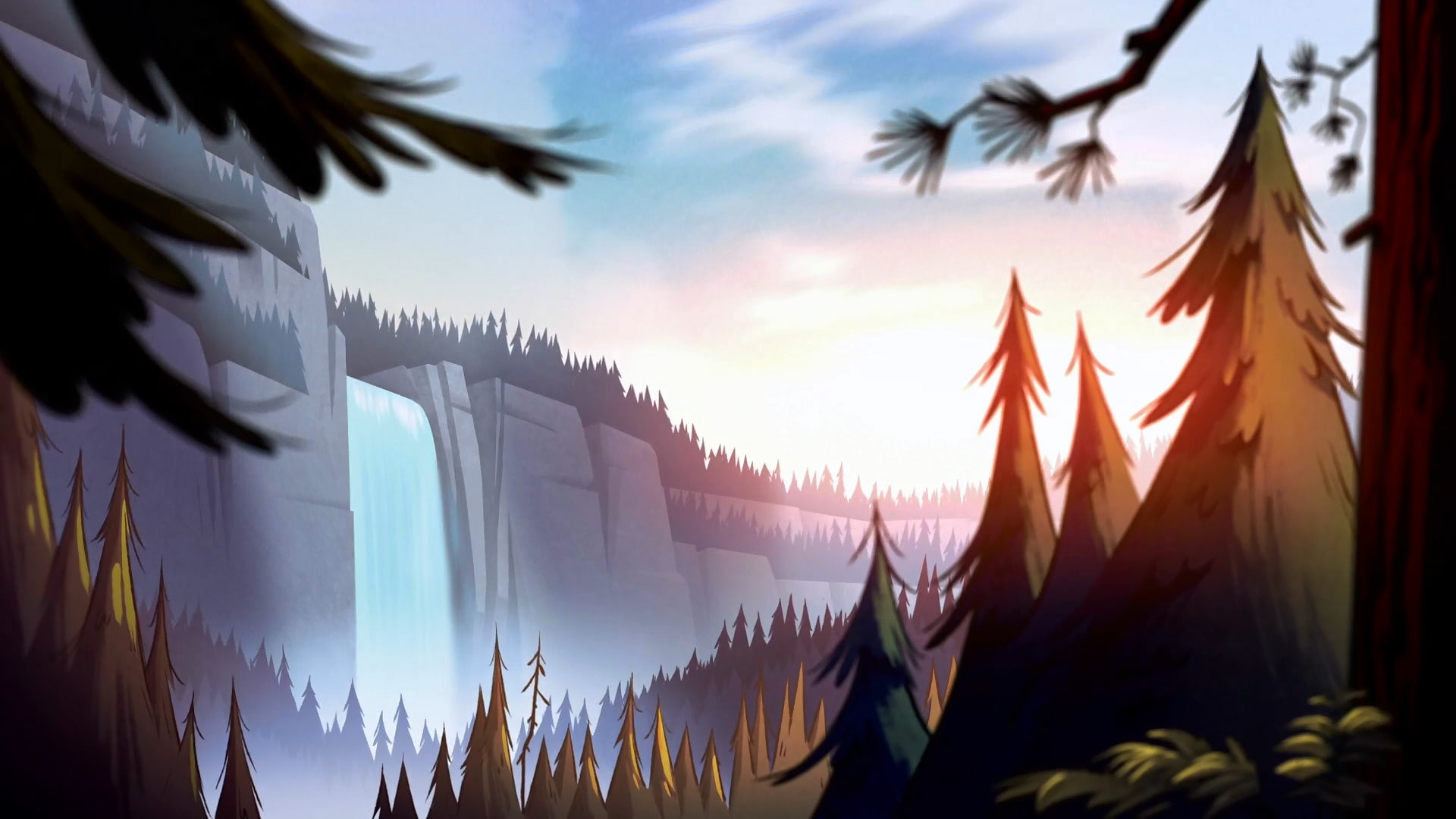 forest, artwork, waterfall, Gravity Falls