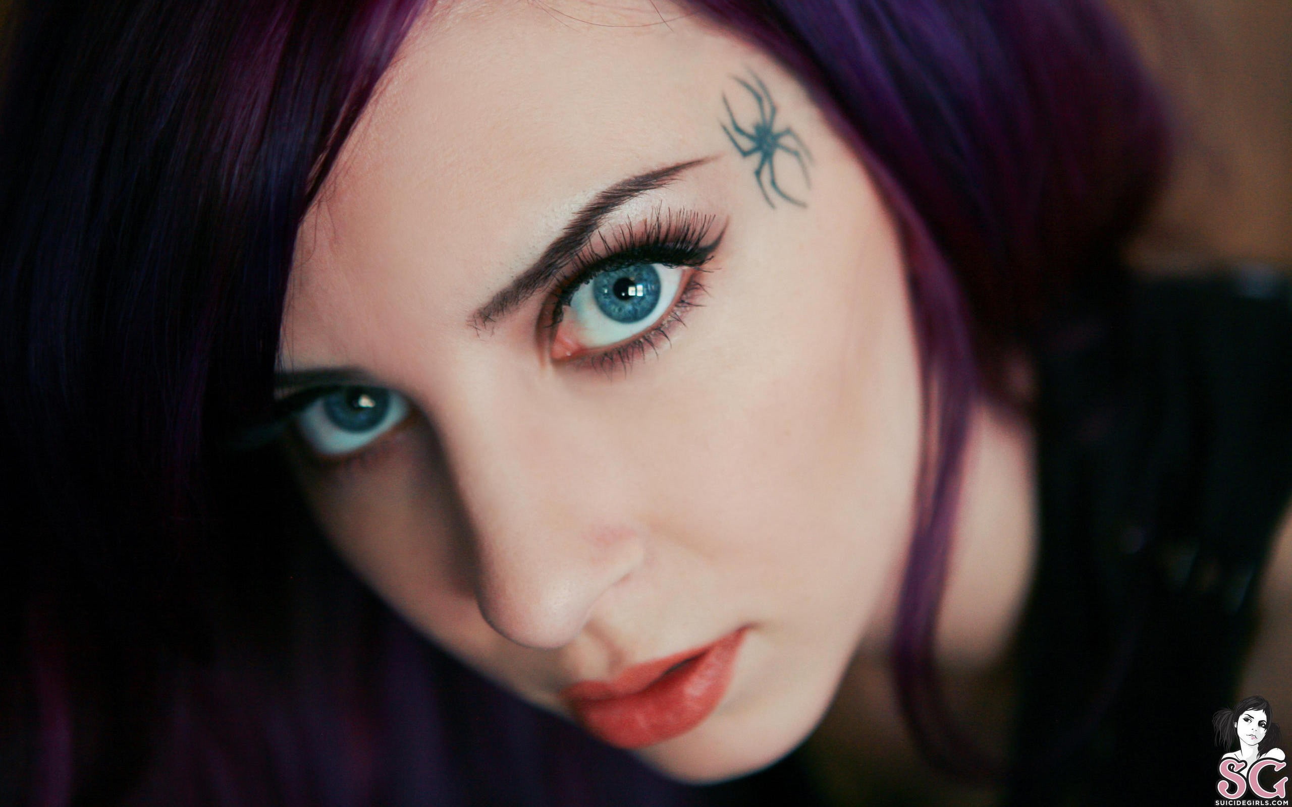 Free Download Hd Wallpaper Mizirlou Blue Eyes Tattoo Purple Hair Suicide Girls