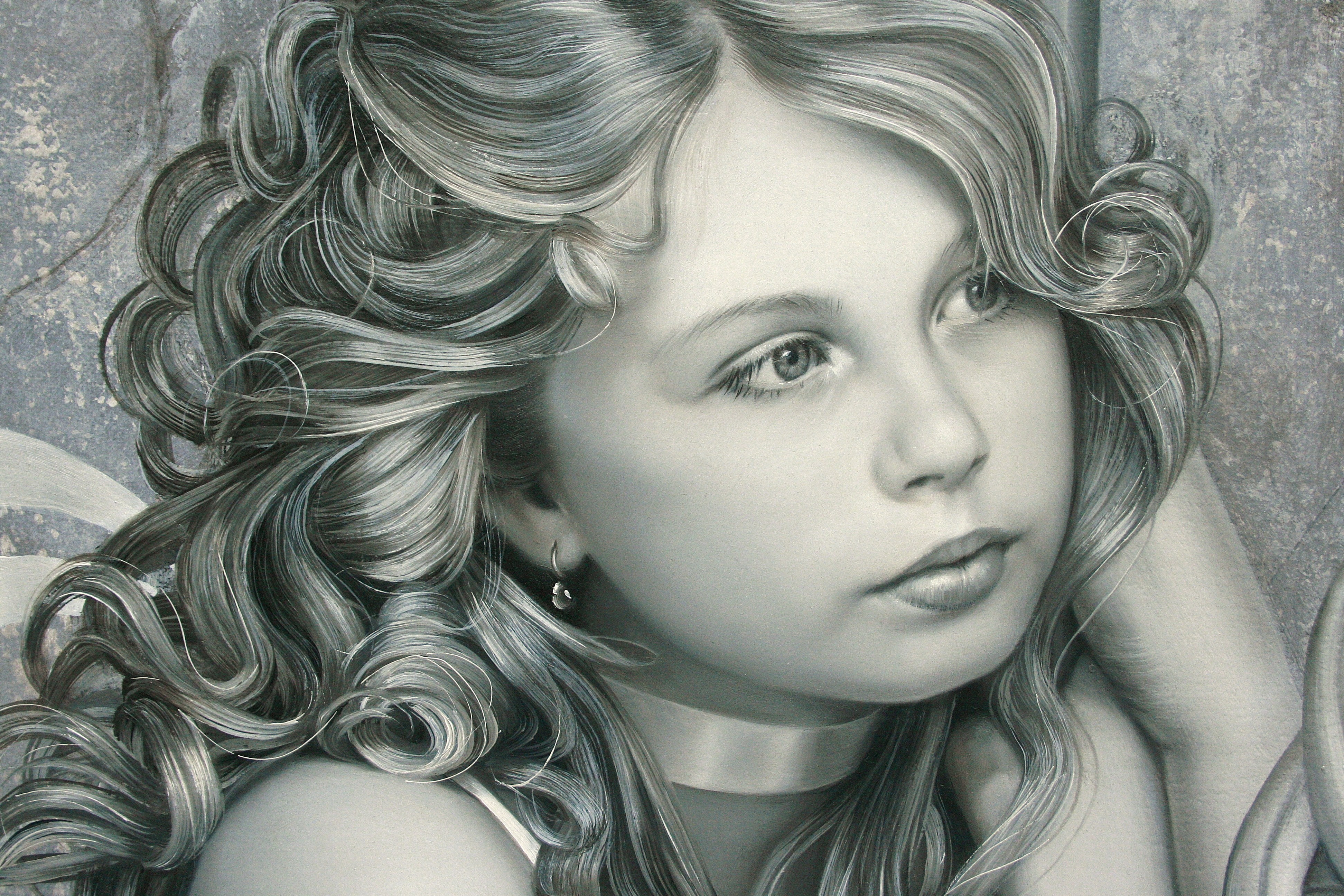 girl wearing gray top portrait painting, eyes, look, face, hair
