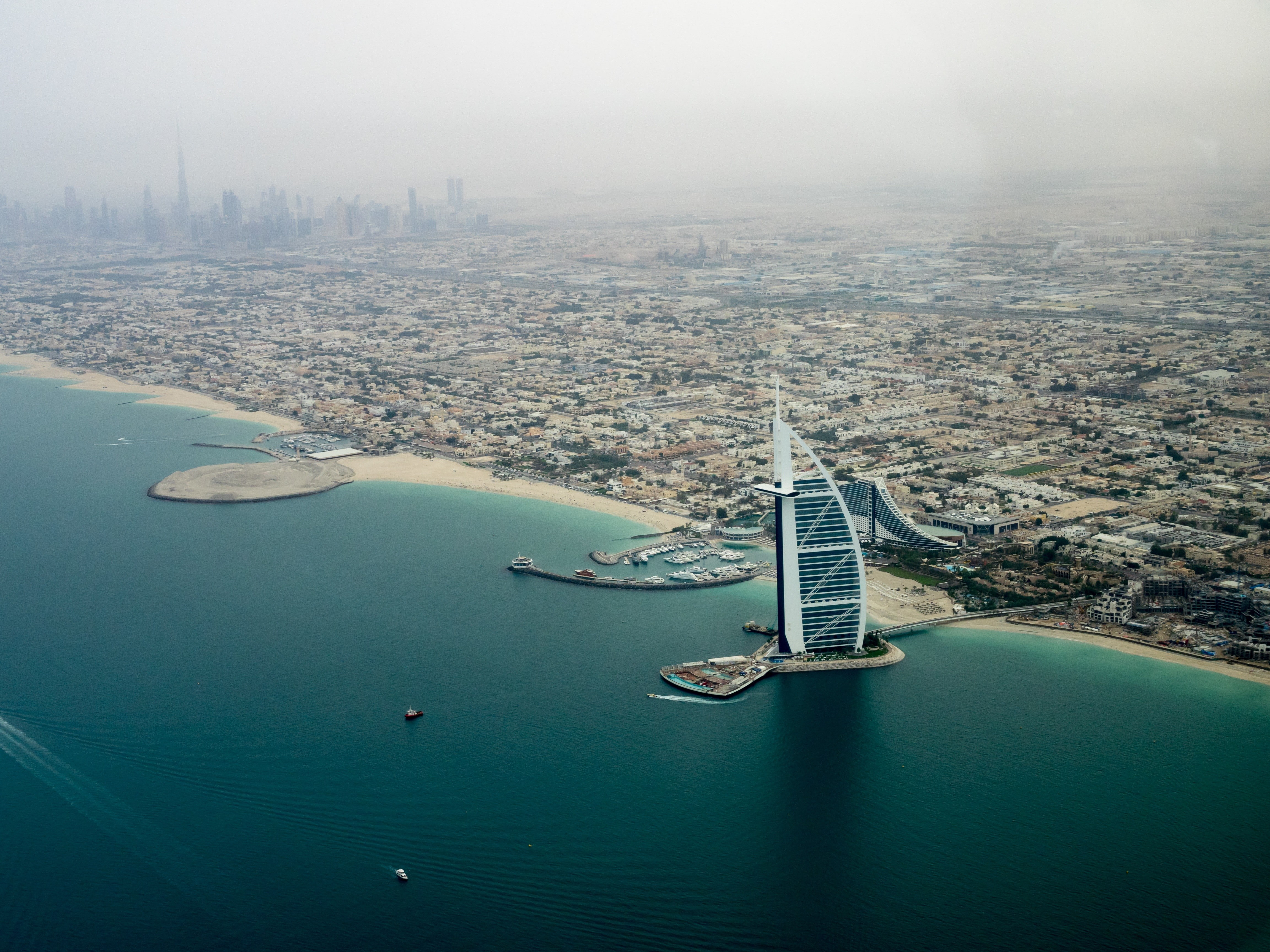 cityscape, sea, helicopter view, shore, building, Burj Al Arab