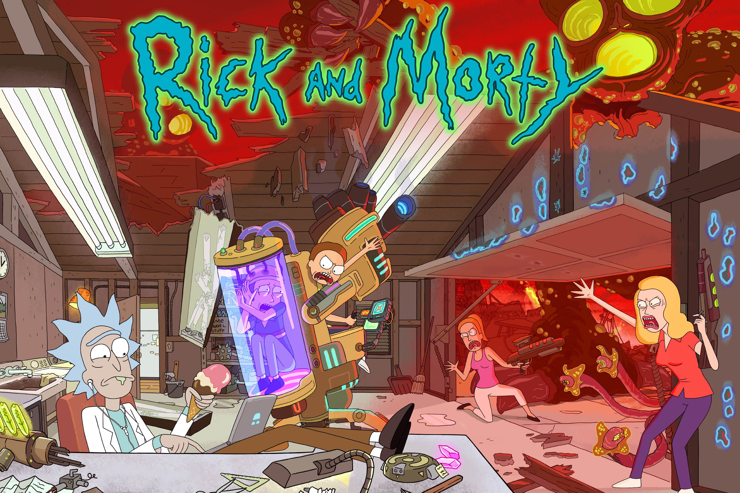 Rick and Morty digital wallpaper, laboratory, illustration, vector