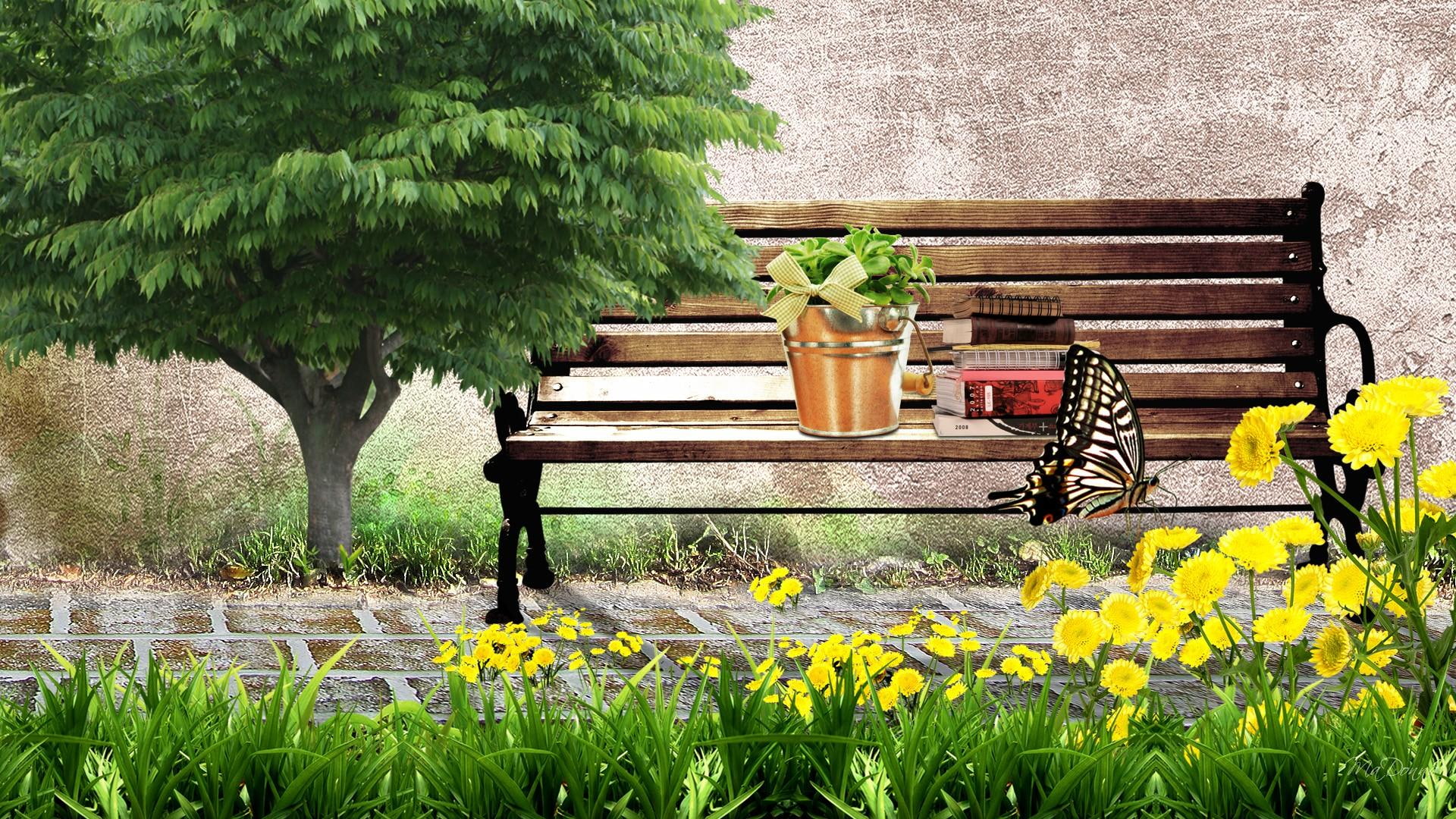 A Place To Rest, read, plants relax, building, books, bench, tree