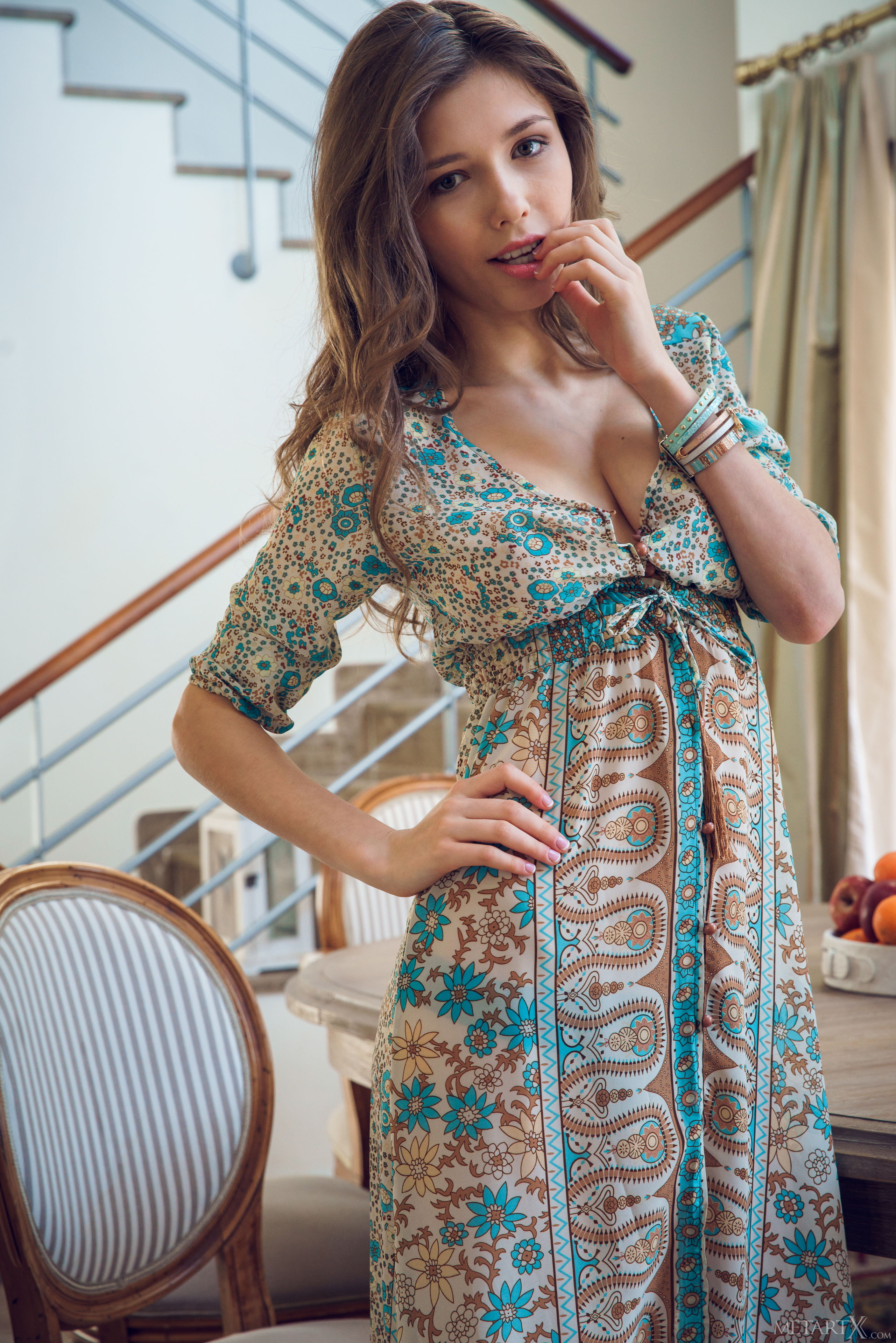 women's teal and gray elbow-sleeved dress, Mila Azul, model, beautiful woman