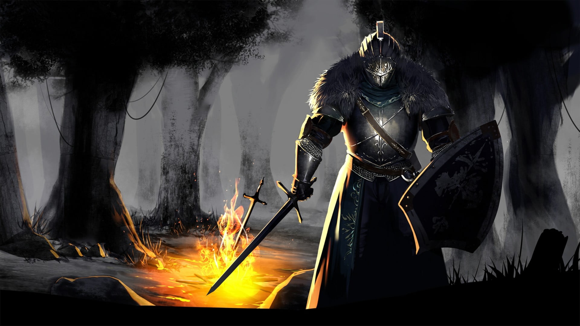 armor animated character wallpaper, fire, sword, Dark Souls, forest
