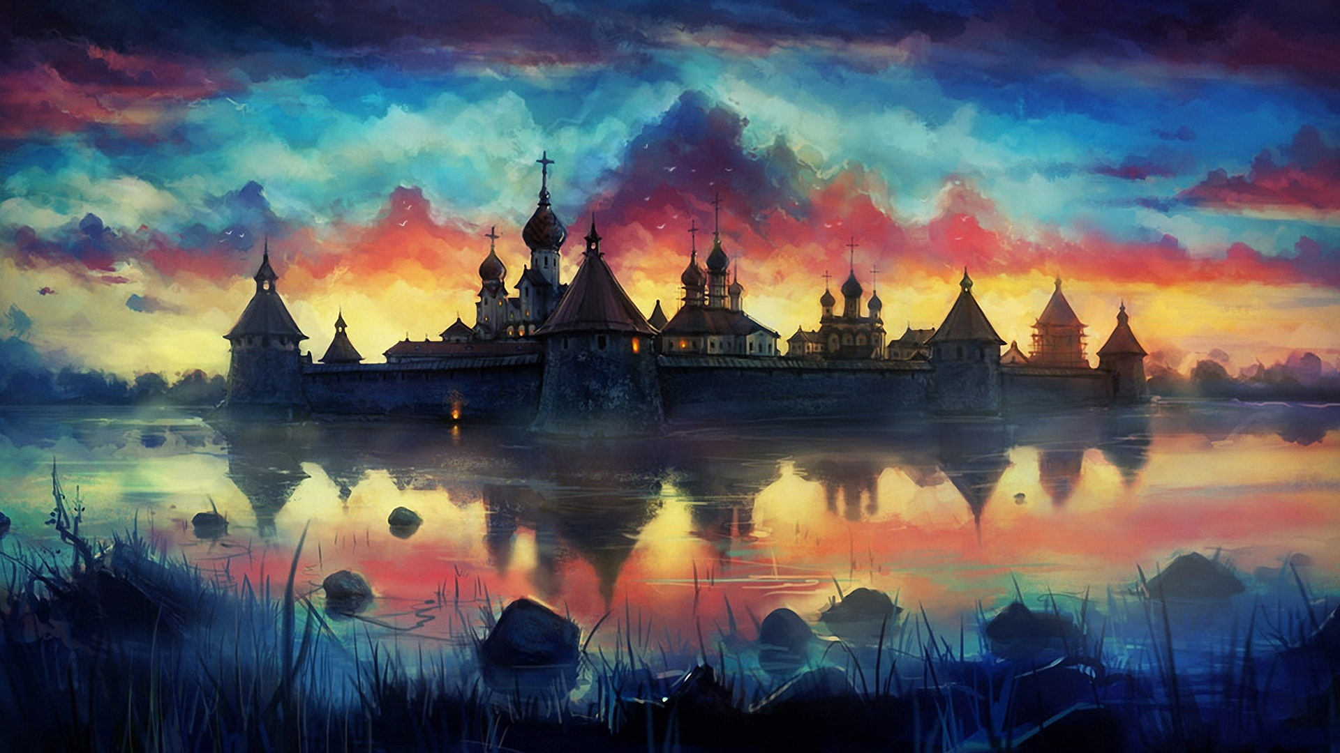 painting, reflection, painting art, russian, landscape, monastery